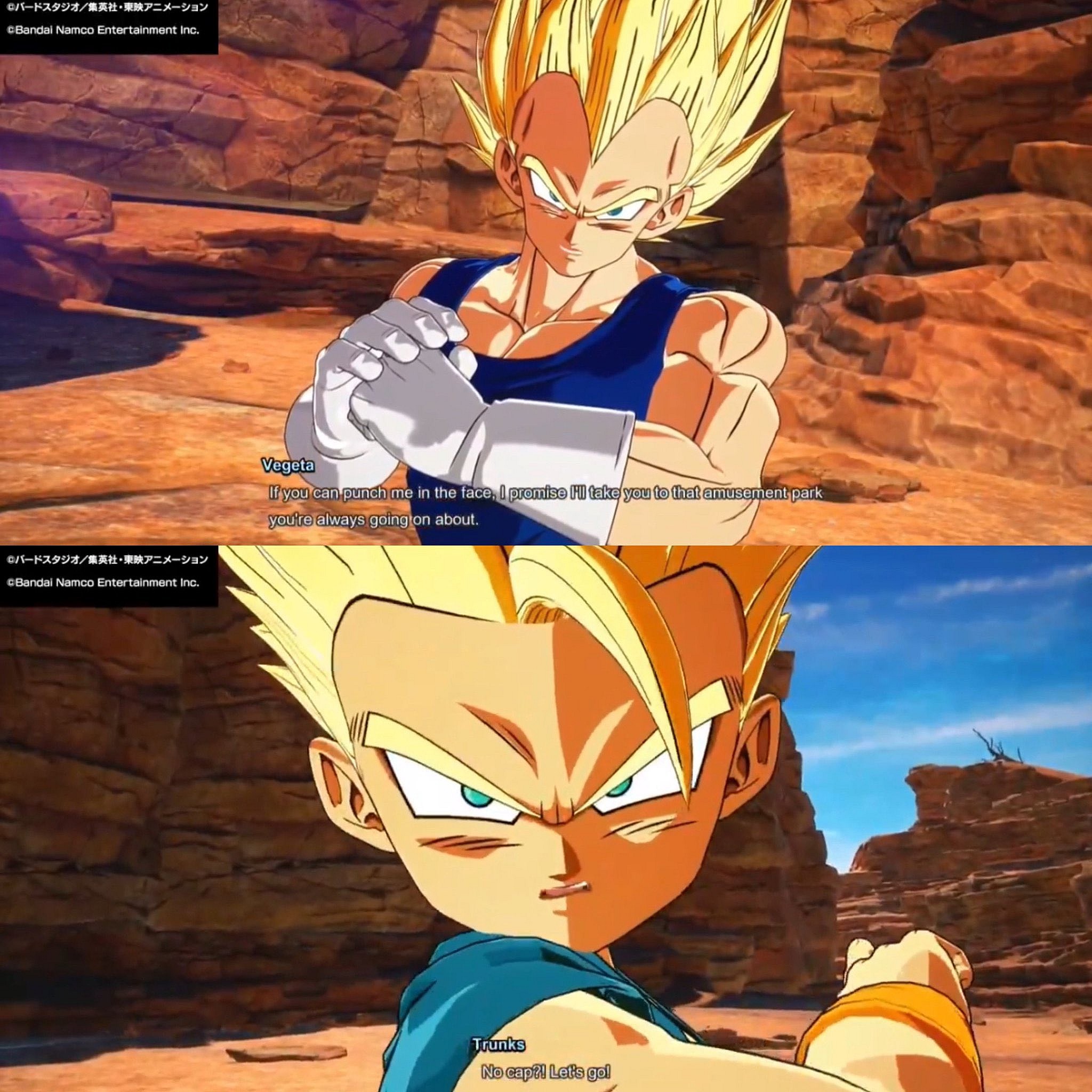 Vegeta (Ryō Horikawa) is about to tell Trunks (Takeshi Kusao) what's up fr fr in Dragon Ball: Sparking! ZERO (2024), Bandai Namco