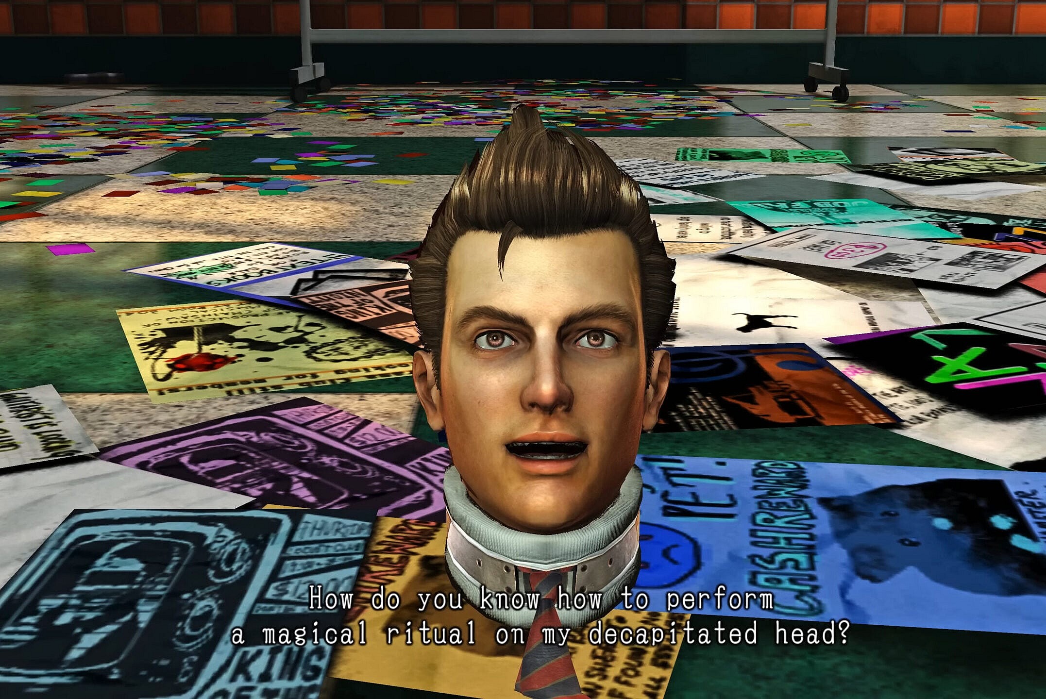 Nick (Michael Rosenbaum) has questions regarding his current predicament in Lollipop Chainsaw (2012), Kadokawa Games