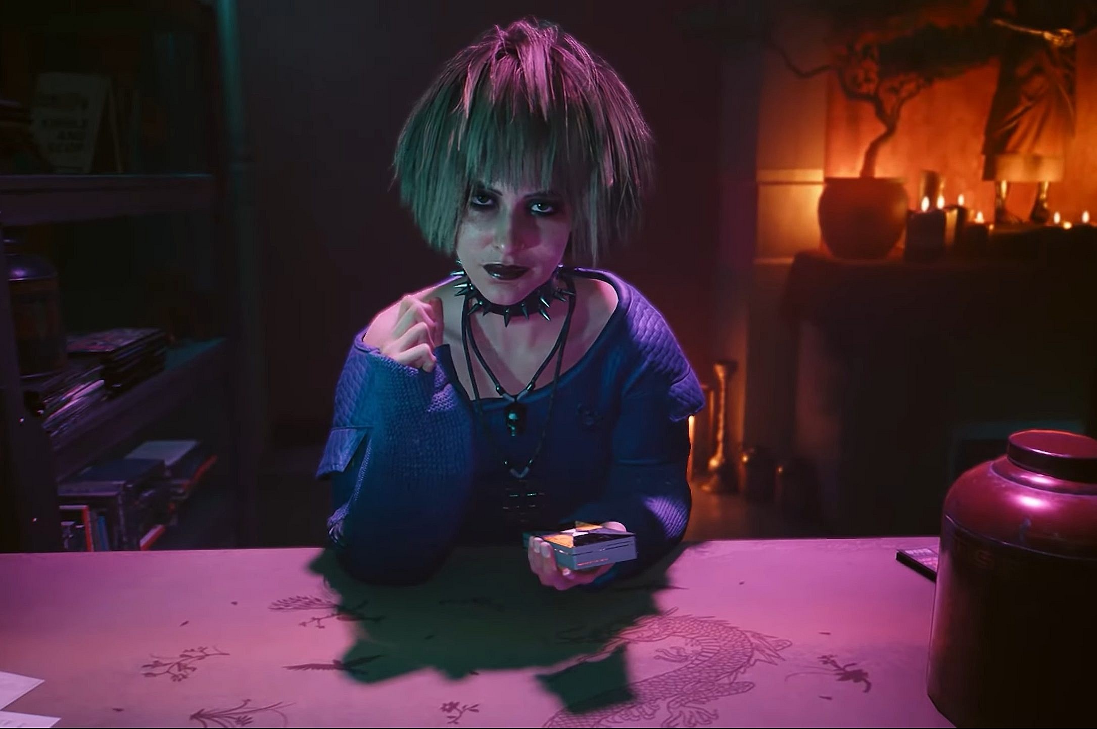 Misty (Erica Lindbeck) offers V a tarot card reading in Cyberpunk 2077 (2020), CD Projekt Red
