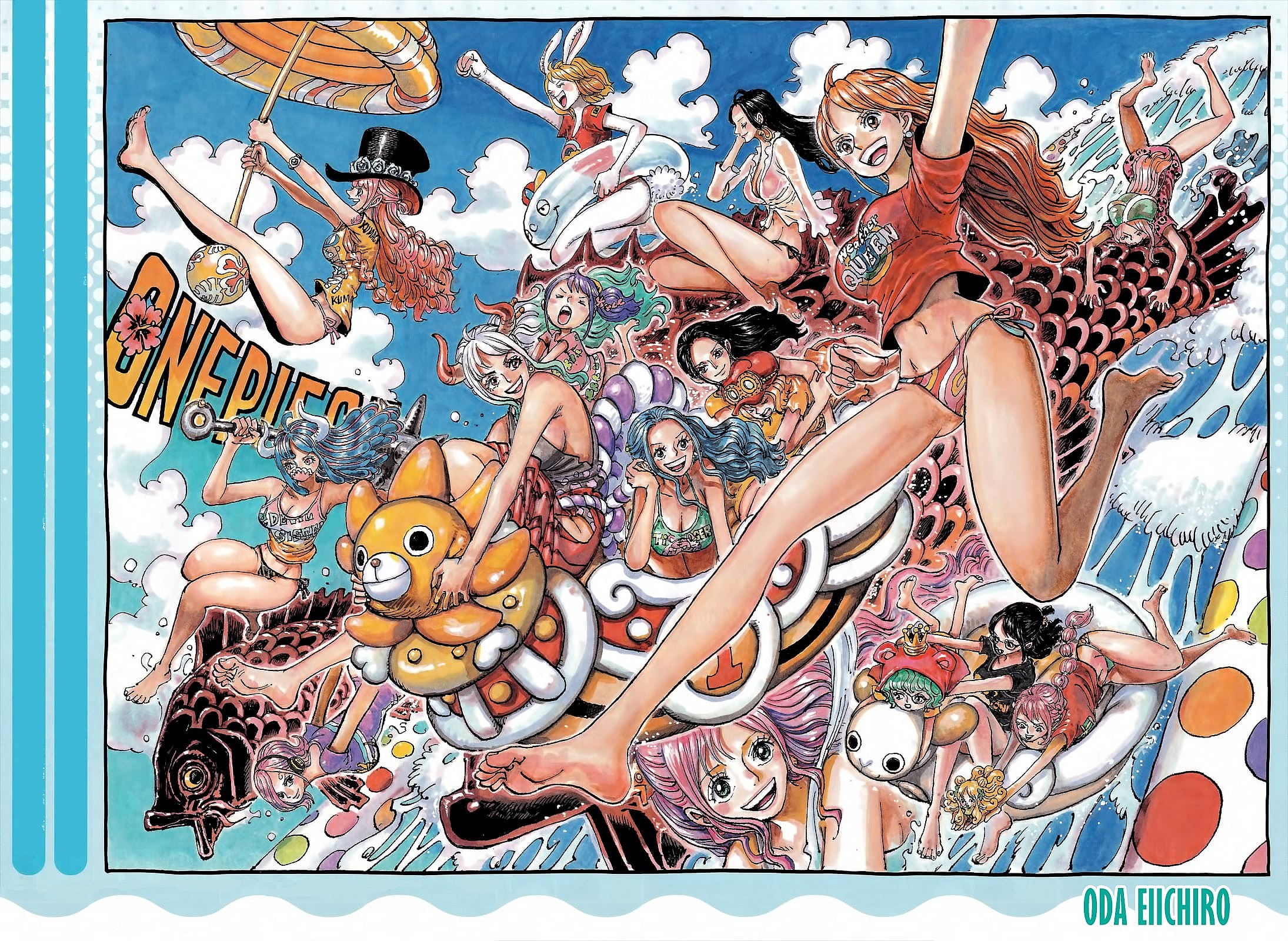 Nami, Robin, Vivi, Yamato, Bonney, Shirahoshi, Tama, Carrot, Reiju Ulti, Perona and Koala enjoy some waves on Eiichiro Oda's color spread to One Piece Chapter 1084 "The Attempted Murder of a Celestial Dragon" (2023), Shueisha