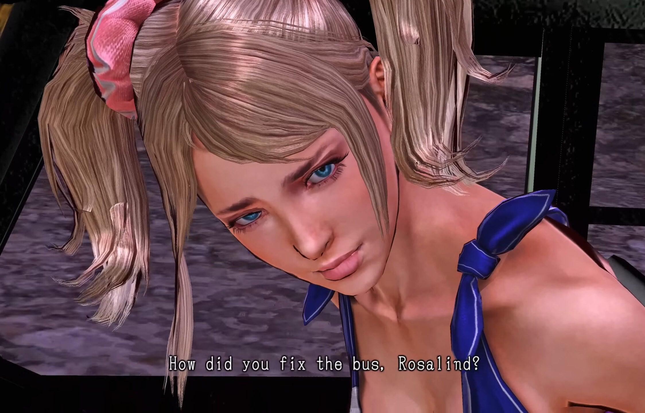 Juliet (Tara Strong) has questions for Rosalind (Kimberly Brooks) in Lollipop Chainsaw (2012), Kadokawa Games