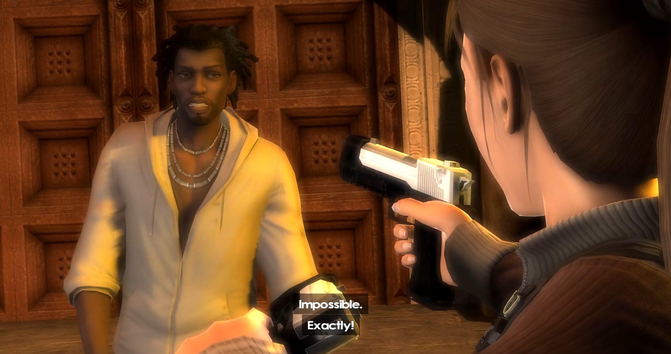 Zip (Alex Désert) mistakenly accuses Lara (Keeley Hawes) of being the Doppelgänger (Keeley Hawes) in Tomb Raider: Underworld (2008), Crystal Dynamics