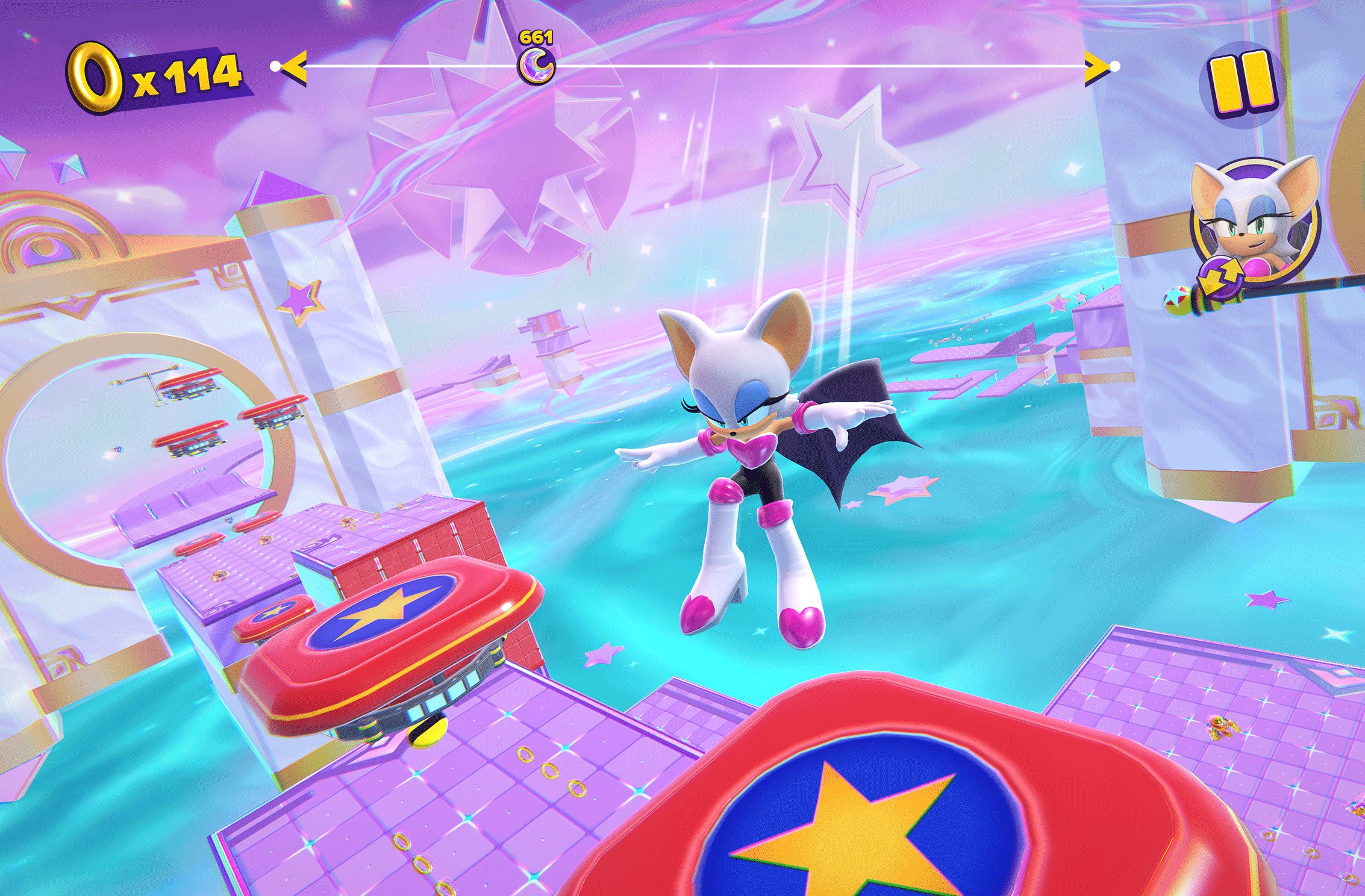 Rouge (Karen Strassman), flies through a fantastical dreamscape in Sonic Dream Team (2023), Sega