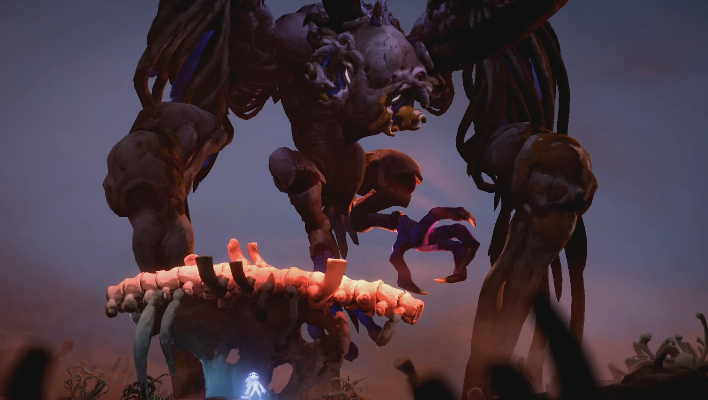 Ori (Andrew Lackey) holds his breath as he attempts to avoid Shriek in Ori and the Will of the Wisps (2020), Moon Studios