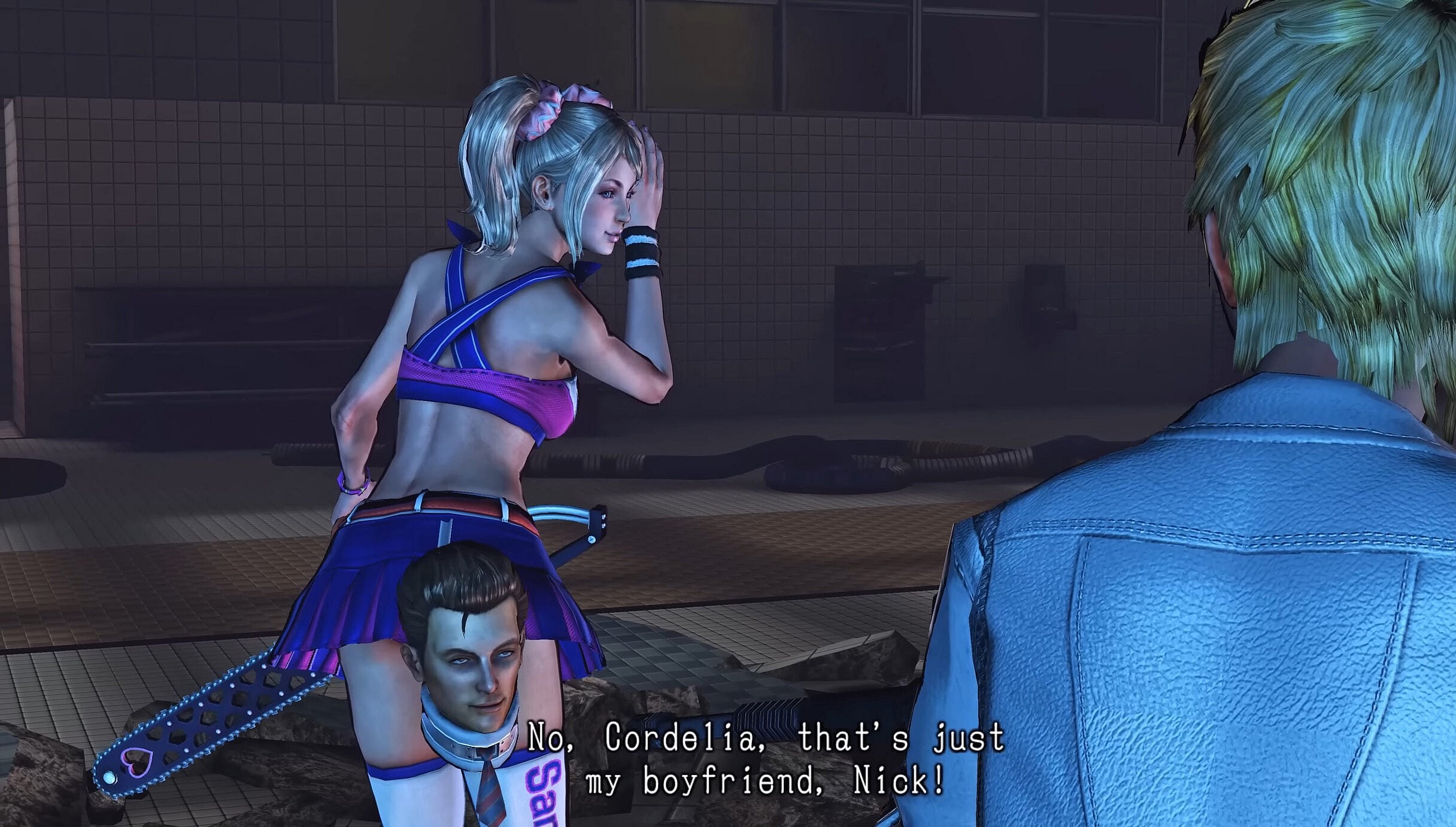 Juliet (Tara Strong) introduces Cordelia (Linda Cardellini) to her boyfriend Nick (Michael Rosenbaum) in Lollipop Chainsaw (2012), Kadokawa Games