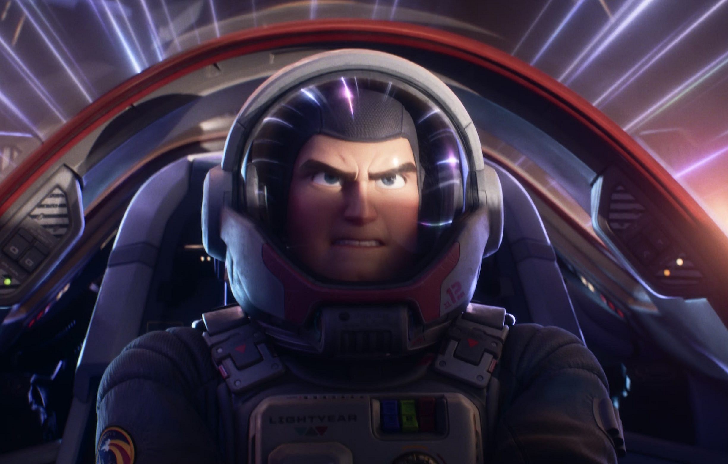 Buzz (Chris Evans) pushes his ship to its time-traveling limits in Lightyear (2022), Pixar Animation Studios