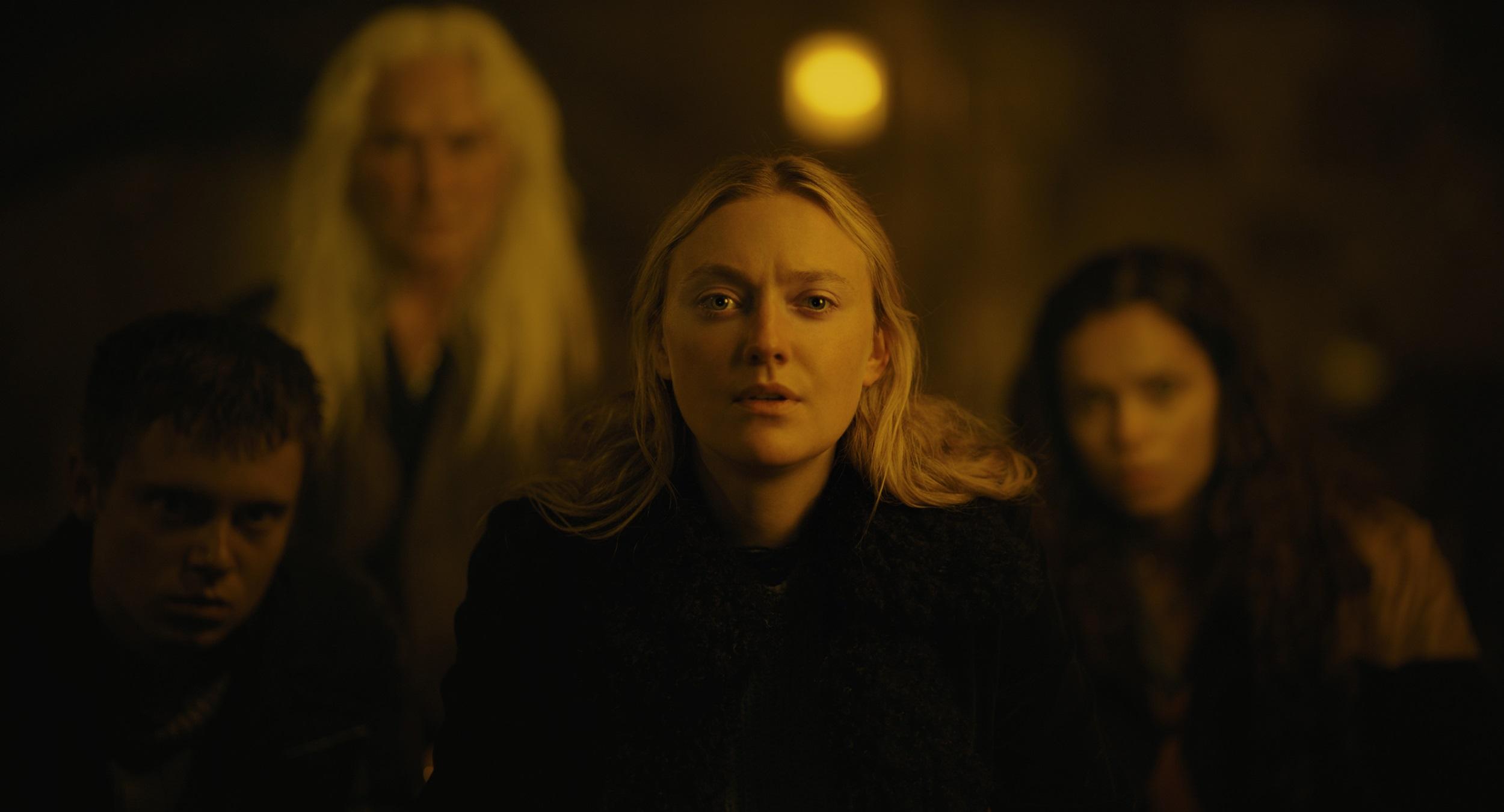 (L-r) OLIVER FINNEGAN as Daniel, OLWEN FOUÉRÉ as Madeline, DAKOTA FANNING as Mina and GEORGINA CAMPBELL as Ciara in New Line Cinema’s and Warner Bros. Pictures’ fantasy thriller “THE WATCHERS,” a Warner Bros. Pictures release.