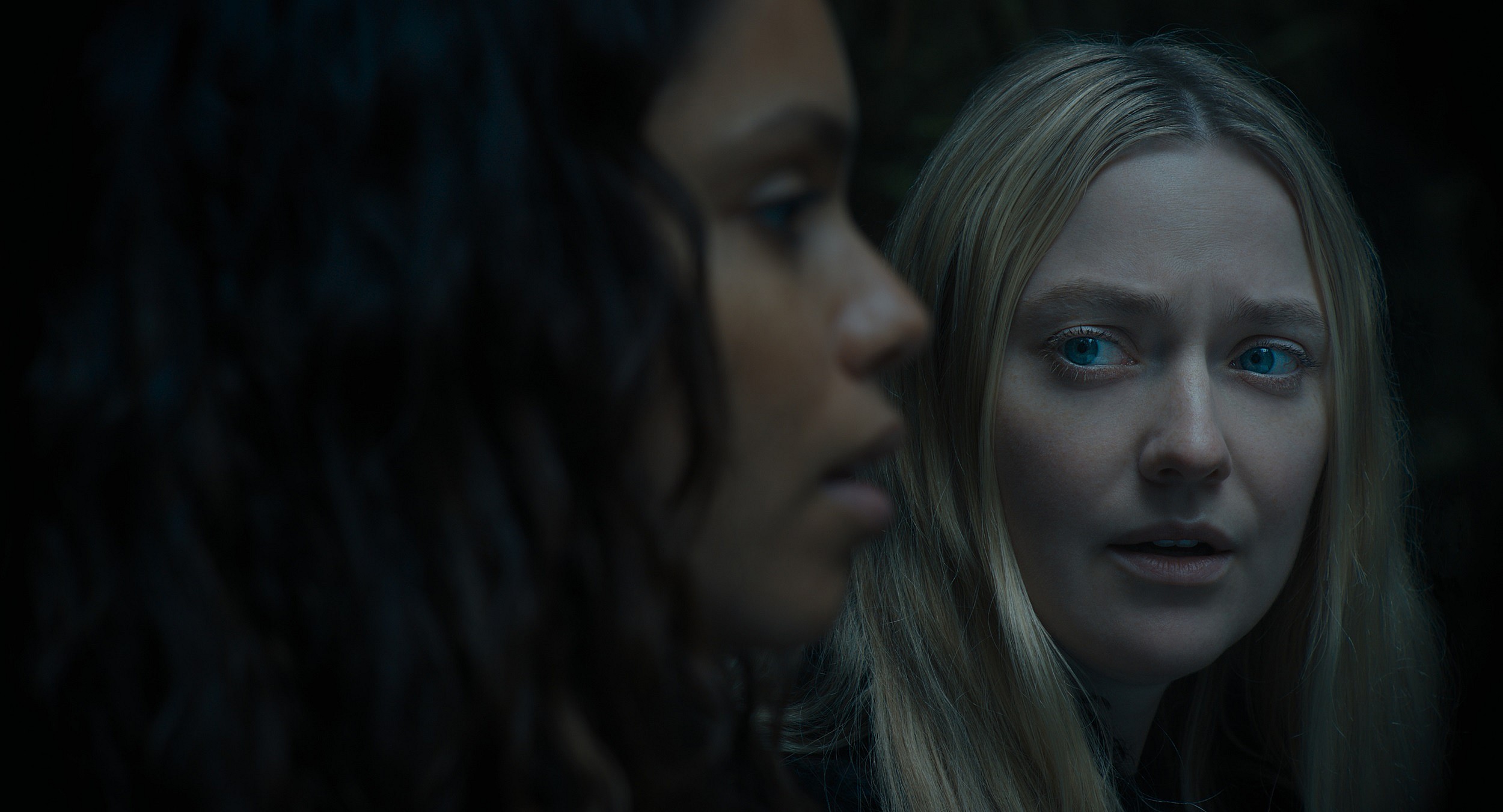GEORGINA CAMPBELL as Ciara and DAKOTA FANNING as Mina in New Line Cinema’s and Warner Bros. Pictures’ fantasy thriller “THE WATCHERS,” a Warner Bros. Pictures release.