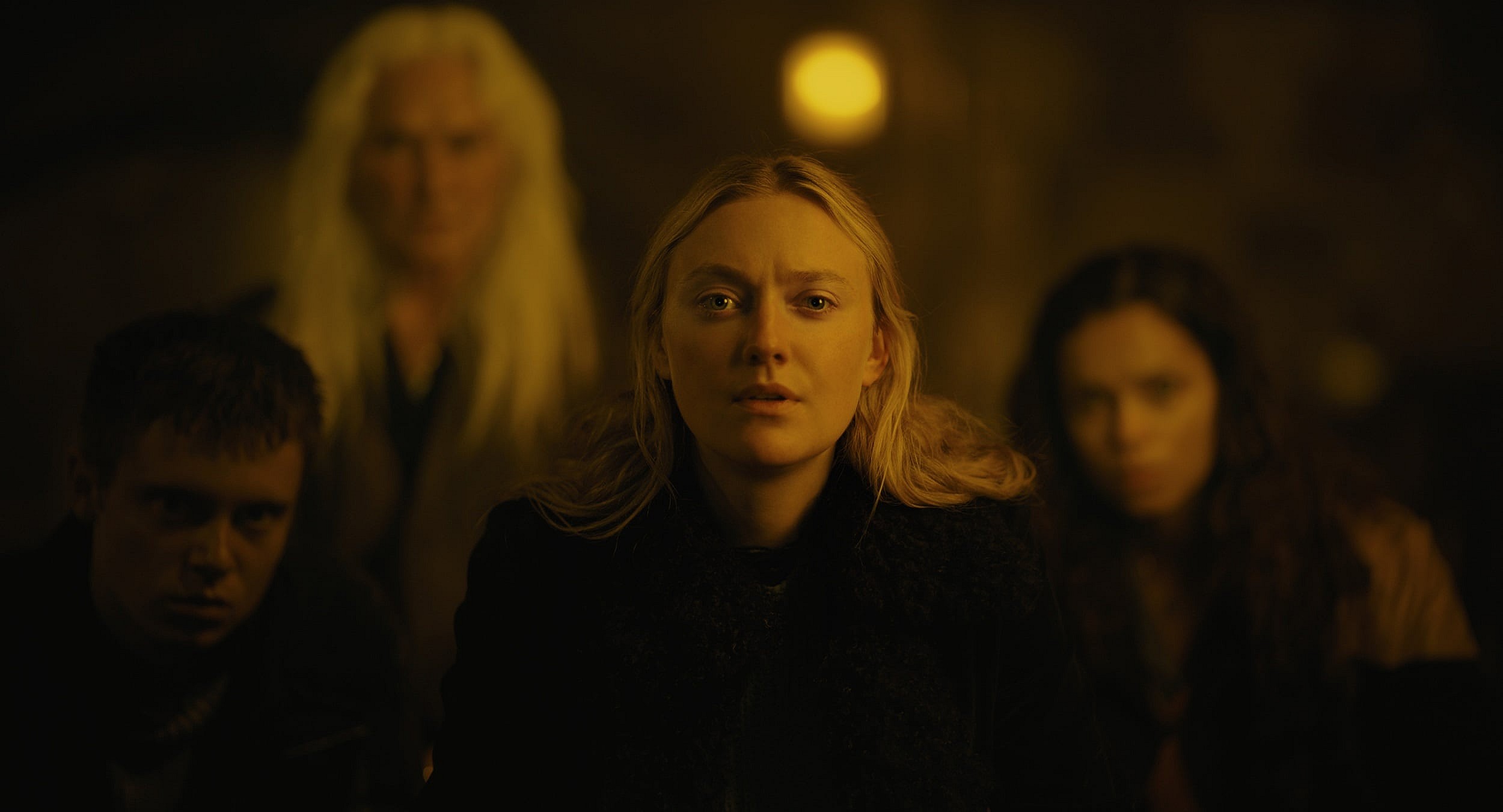 (L-r) OLIVER FINNEGAN as Daniel, OLWEN FOUÉRÉ as Madeline, DAKOTA FANNING as Mina and GEORGINA CAMPBELL as Ciara in New Line Cinema’s and Warner Bros. Pictures’ fantasy thriller “THE WATCHERS,” a Warner Bros. Pictures release.