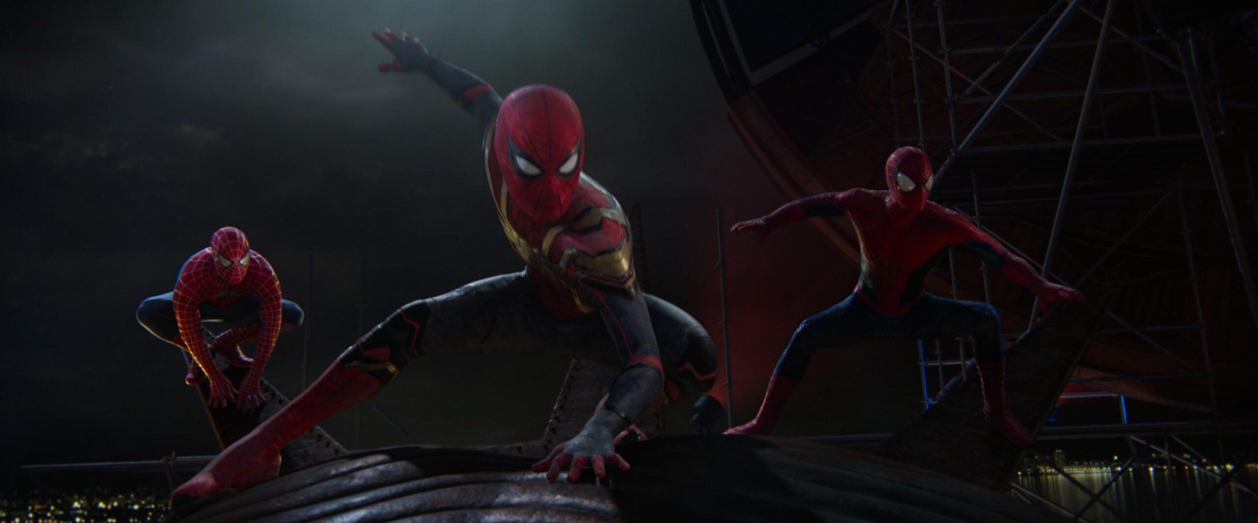 Spider-Man (Tobey Maguire), Spider-Man (Andrew Garfield), and Spider-Man (Tom Holland) prepare to save the multiverse in Spider-Man: No Way Home (2021), Marvel Entertainment via Blu-ray