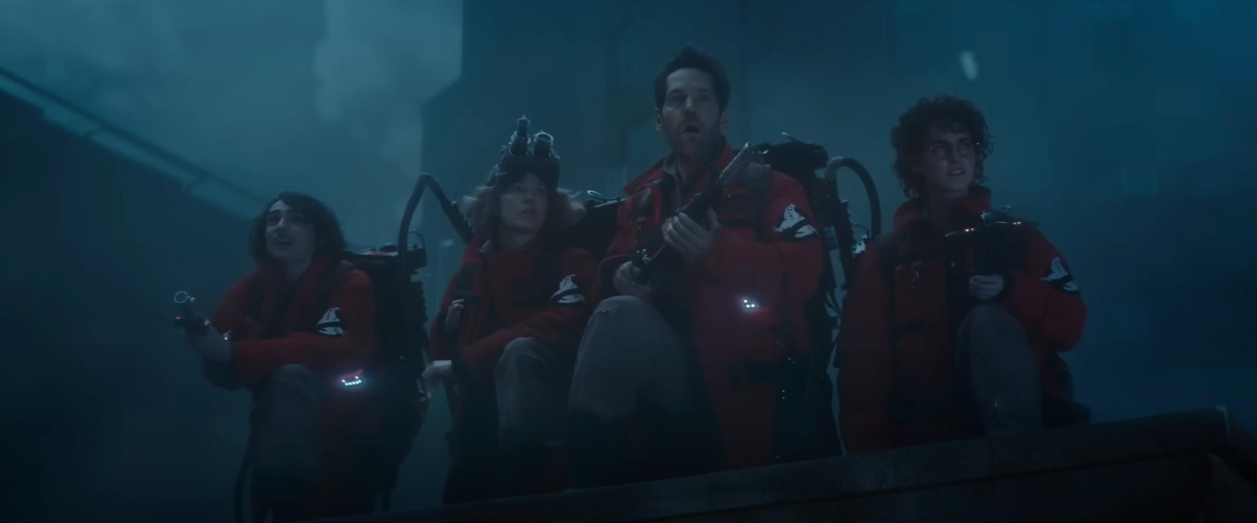 Finn Wolfhard as Trevor Spengler, Carrie Coon as Callie Spengler, Paul Rudd as Gary Grooberson, and Mckenna Grace as Phoebe Spengler in Ghostbusters: Frozen Empire (2024), Sony Pictures Entertainment