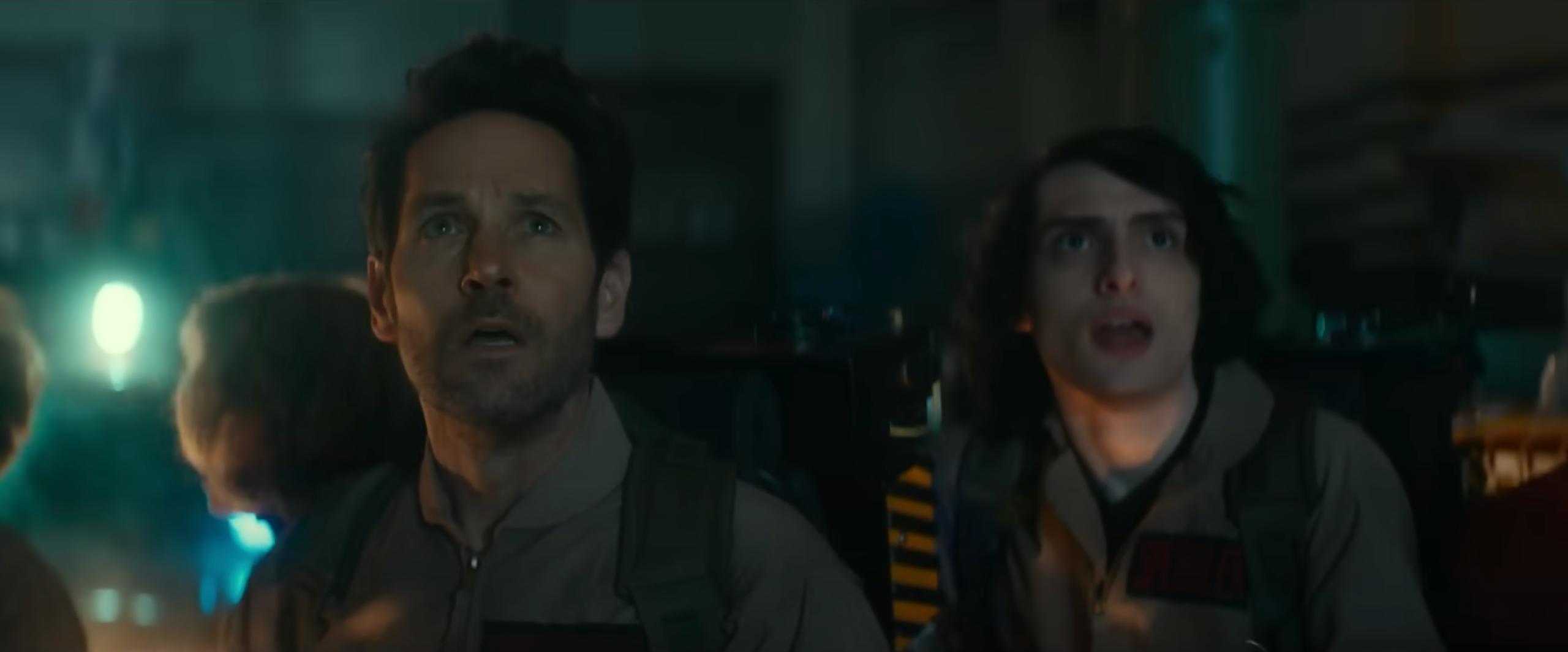 Paul Rudd as Gary Grooberson and Finn Wolfhard as Trevor Spengler in Ghostbusters: Frozen Empire (2024), Sony Pictures Entertainment