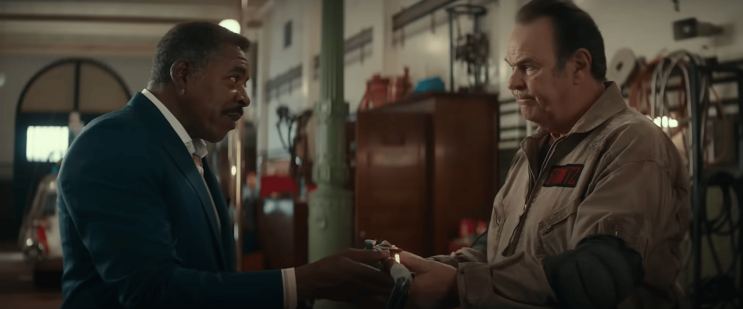 Ernie Hudson as Winston Zeddemore and Dan Aykroyd as Ray Stantz in Ghostbusters: Frozen Empire (2024), Sony Pictures Entertainment