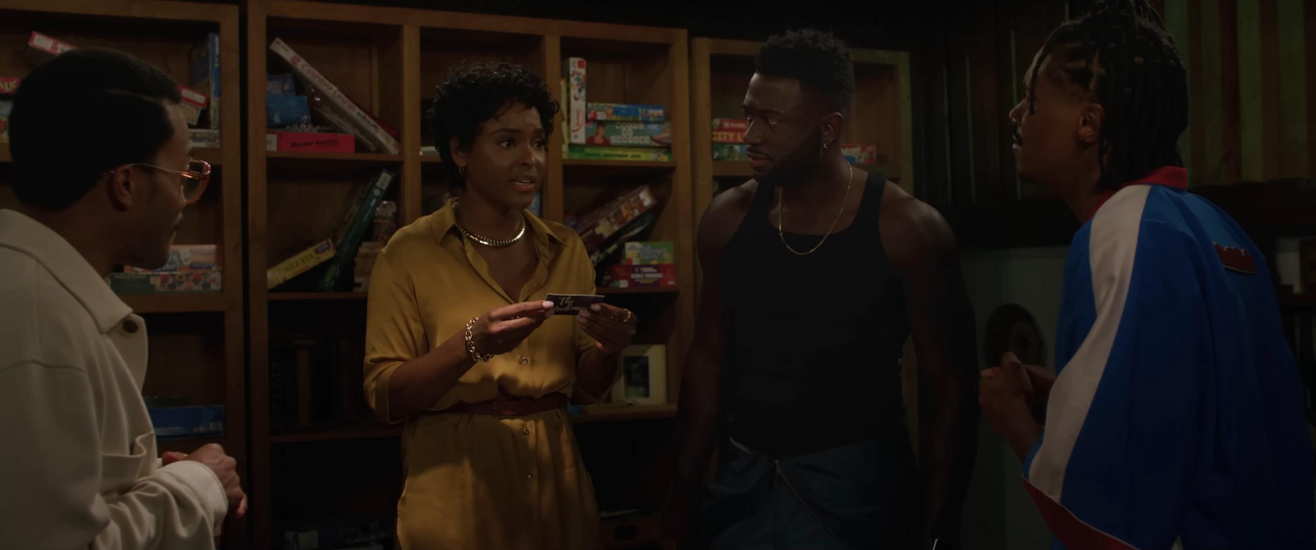 Jermaine Fowler as Clifton, Antoinette Robertson as Lisa, Sinqua Walls as Nnamdi, and Dewayne Perkins as Dewayne in The Blackening (2023), Lionsgate