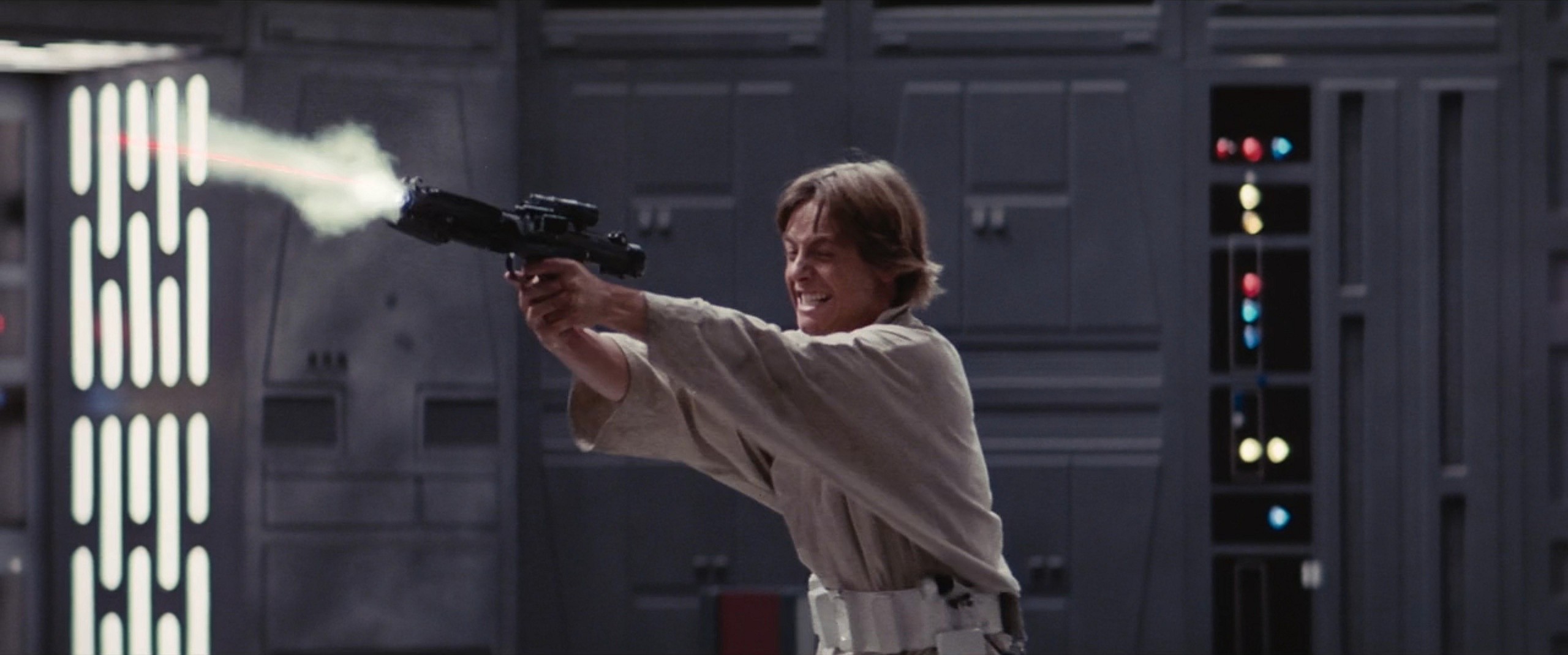 Luke Skywalker (Mark Hamill) blast some Stormtroopers in Star Wars Episode IV: A New Hope (1977), Lucasfilm