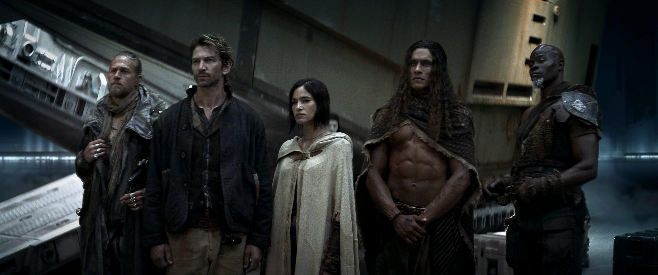 Rebel Moon. (L-R) Charlie Hunnam as Kai, Michiel Huisman as Gunnar, Sofia Boutella as Kora, Staz Nair as Tarak and Djimon Hounsou as Titus in Rebel Moon. Cr. Netflix ©2023
