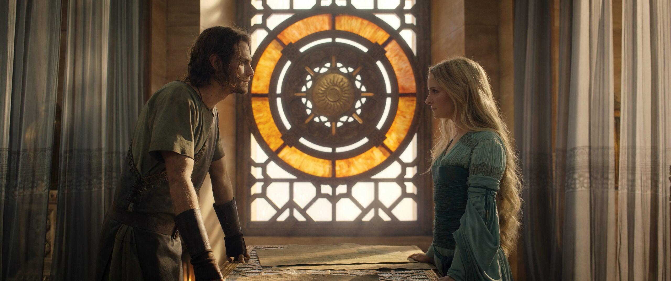 Galadriel (Morfydd Clark) has words with Halbrand (Charlie Vickers) in The Lord of the Rings: The Rings of Power Season 1 Episode 5 "Parting" (2022), Amazon Studios