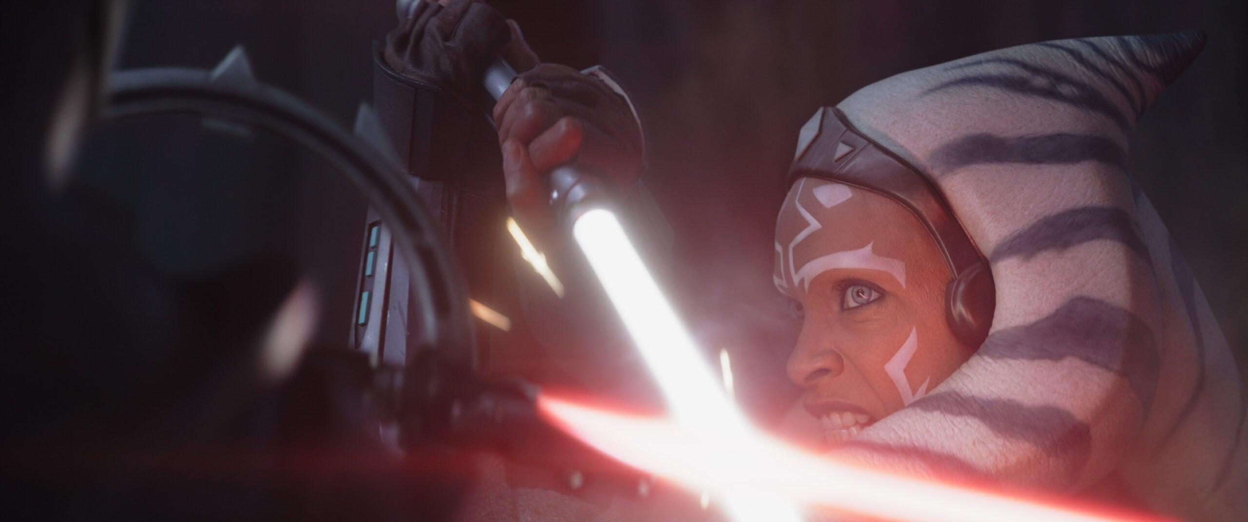 (L-R): Marrok (Paul Darnell) and Ahsoka Tano (Rosario Dawson) in Lucasfilm's STAR WARS: AHSOKA, exclusively on Disney+. ©2023 Lucasfilm Ltd. & TM. All Rights Reserved.
