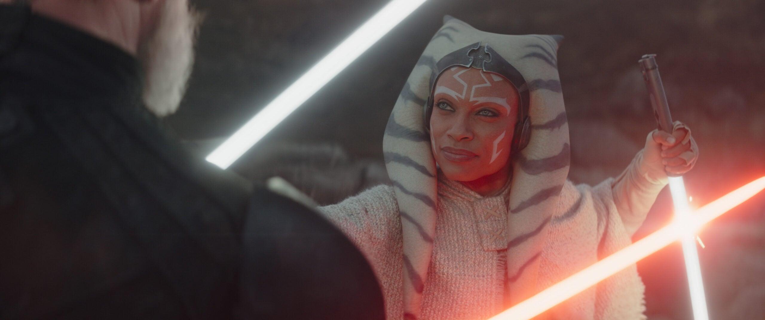 (L-R): Baylan Skoll (Ray Stevenson) and Ahsoka Tano (Rosario Dawson) in Lucasfilm's STAR WARS: AHSOKA, exclusively on Disney+. ©2023 Lucasfilm Ltd. & TM. All Rights Reserved.