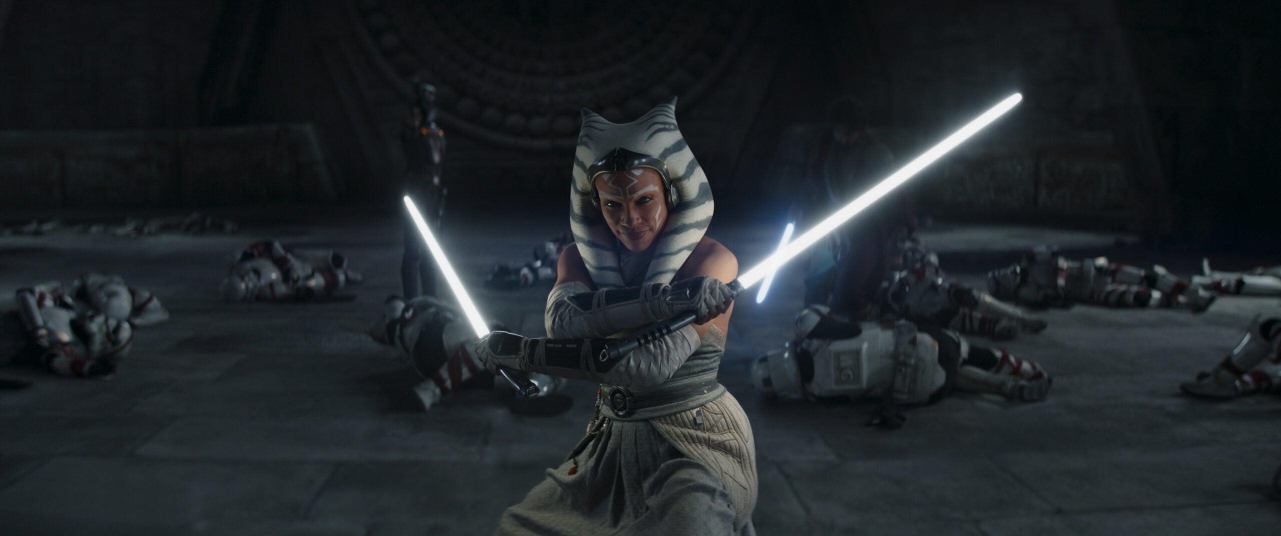 (L-R): Sabine Wren (Natasha Liu Bordizzo), Ahsoka Tano (Rosario Dawson) and Ezra Bridger (Eman Esfandi) with Night Troopers in Lucasfilm's STAR WARS: AHSOKA, exclusively on Disney+. ©2023 Lucasfilm Ltd. & TM. All Rights Reserved