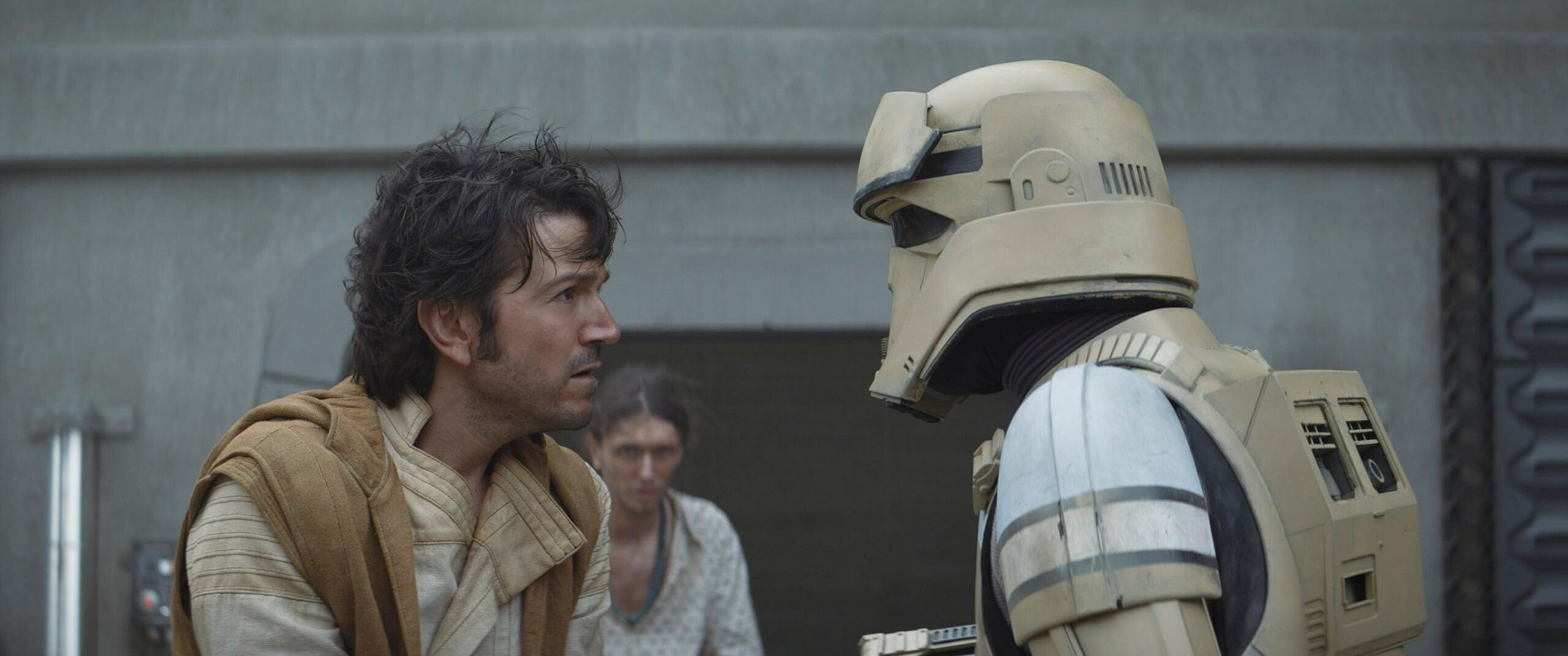 Cassian Andor (Diego Luna) and a shoretrooper in Lucasfilm's ANDOR on Disney+