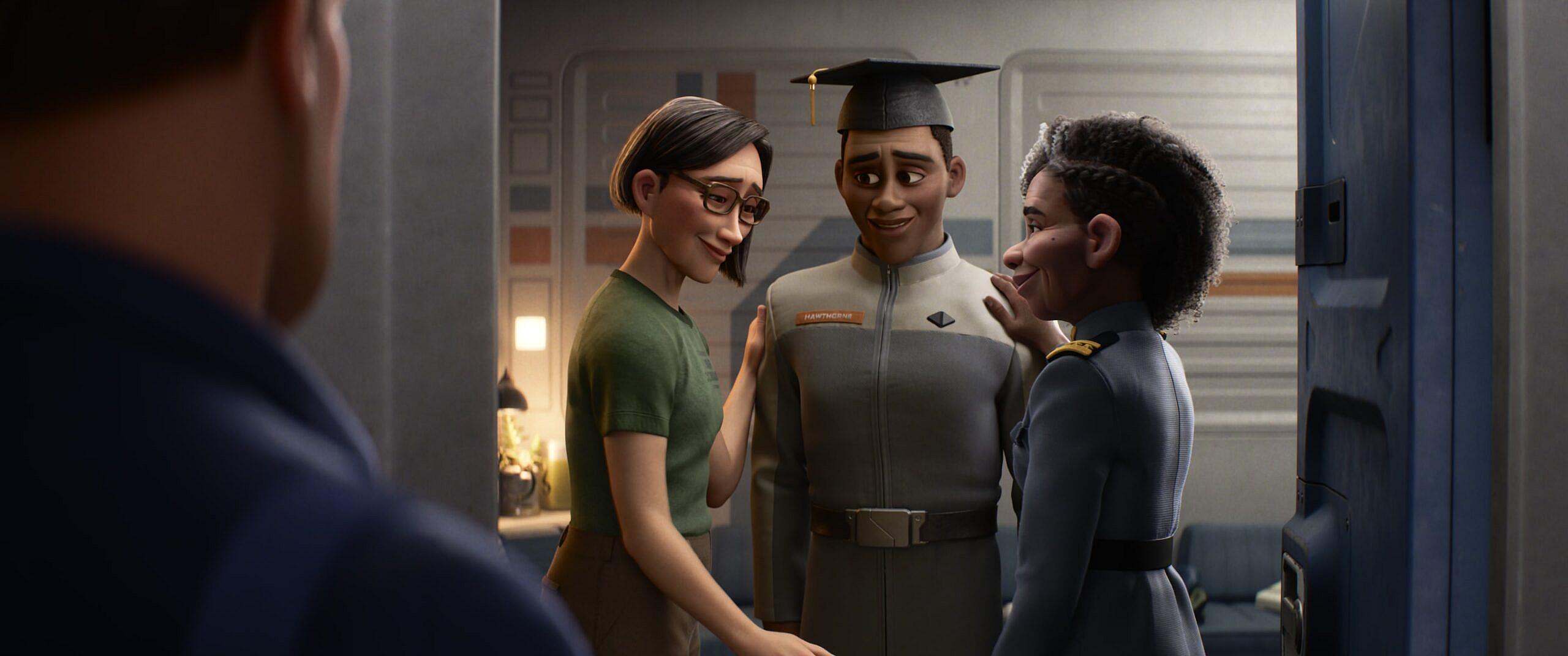 Buzz looks on as Alisha Hawthorne and wife Kiko attend their son's graduation in Lightyear (2022)