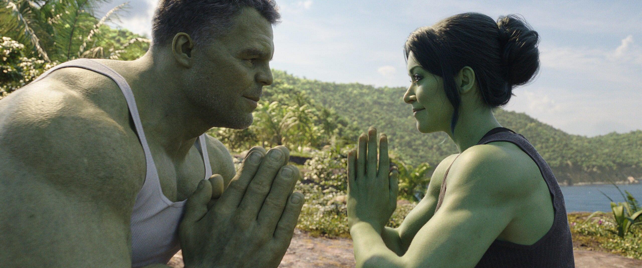 Mark Ruffalo as Smart Hulk and Tatiana Maslany as She-Hulk in She-Hulk: Attorney at Law