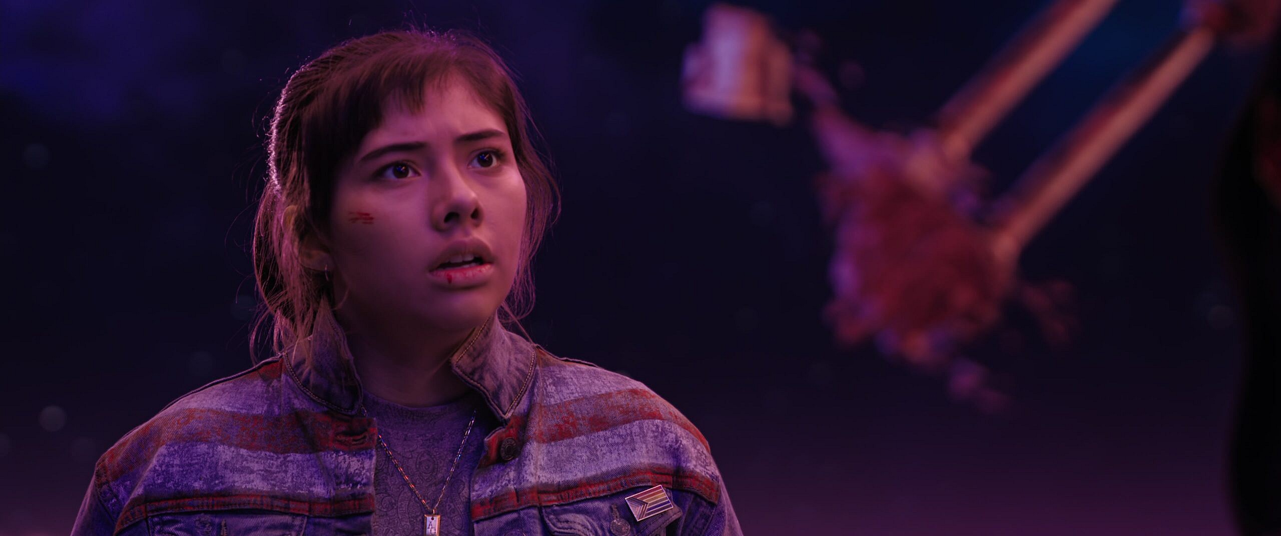 America Chavez (Xochitl Gomez) is betrayed by Defender Strange (Benedict Cumberbatch) in Doctor Strange in the Multiverse of Madness (2022), Marvel Entertainment