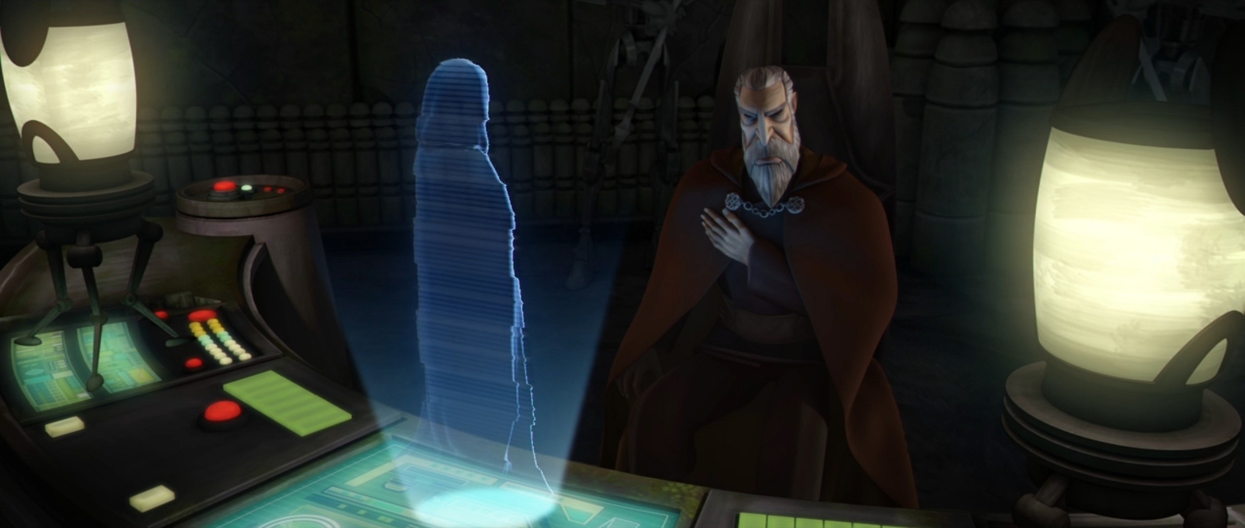Count Dooku (Corey Burton) agrees to Darth Sidious' (Ian Abercrombie) bidding in Star Wars: The Clone Wars Season 4 Episode 4 "Shadow Warrior" (2011), Lucasfilm Animation