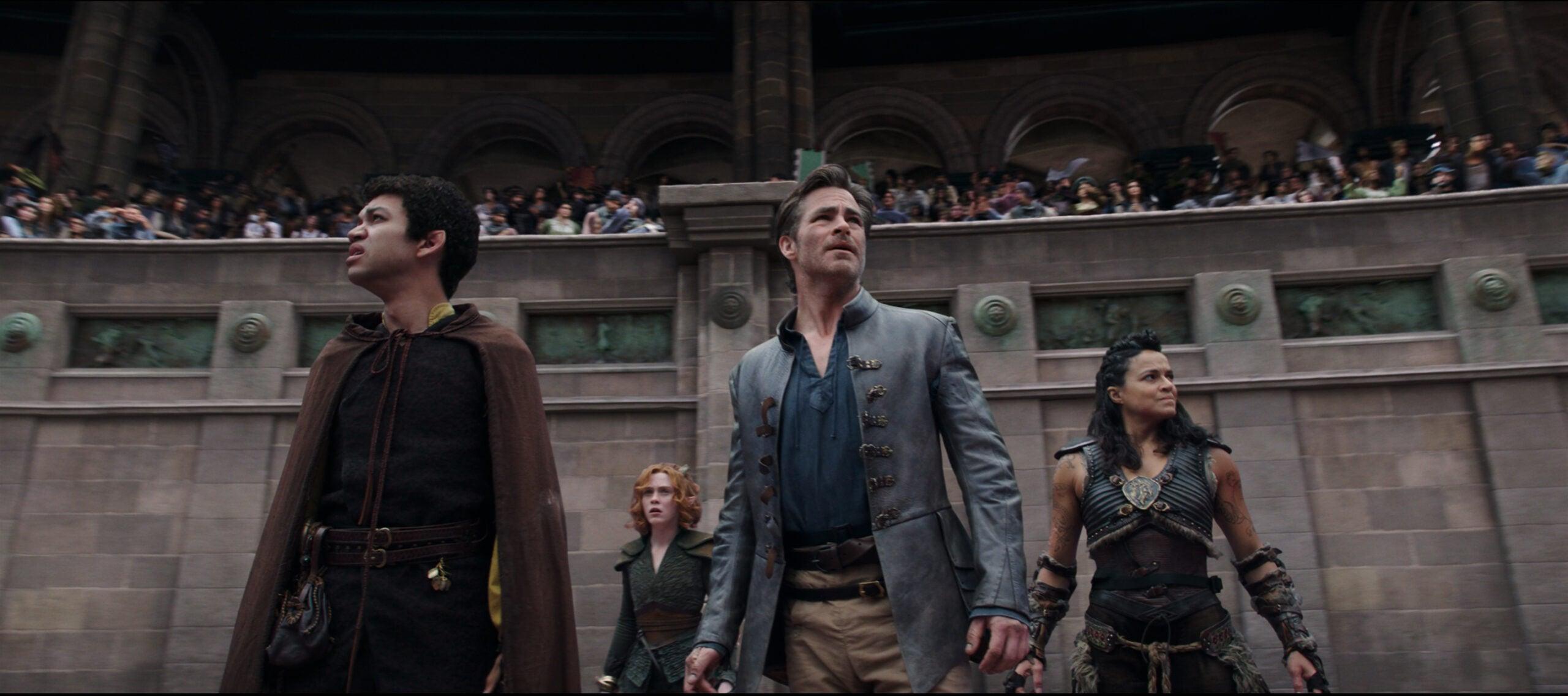 Justice Smith plays Simon, Sophia Lillis plays Doric, Chris Pine plays Edgin and Michelle Rodriguez plays Holga in Dungeons & Dragons: Honor Among Thieves from Paramount Pictures.