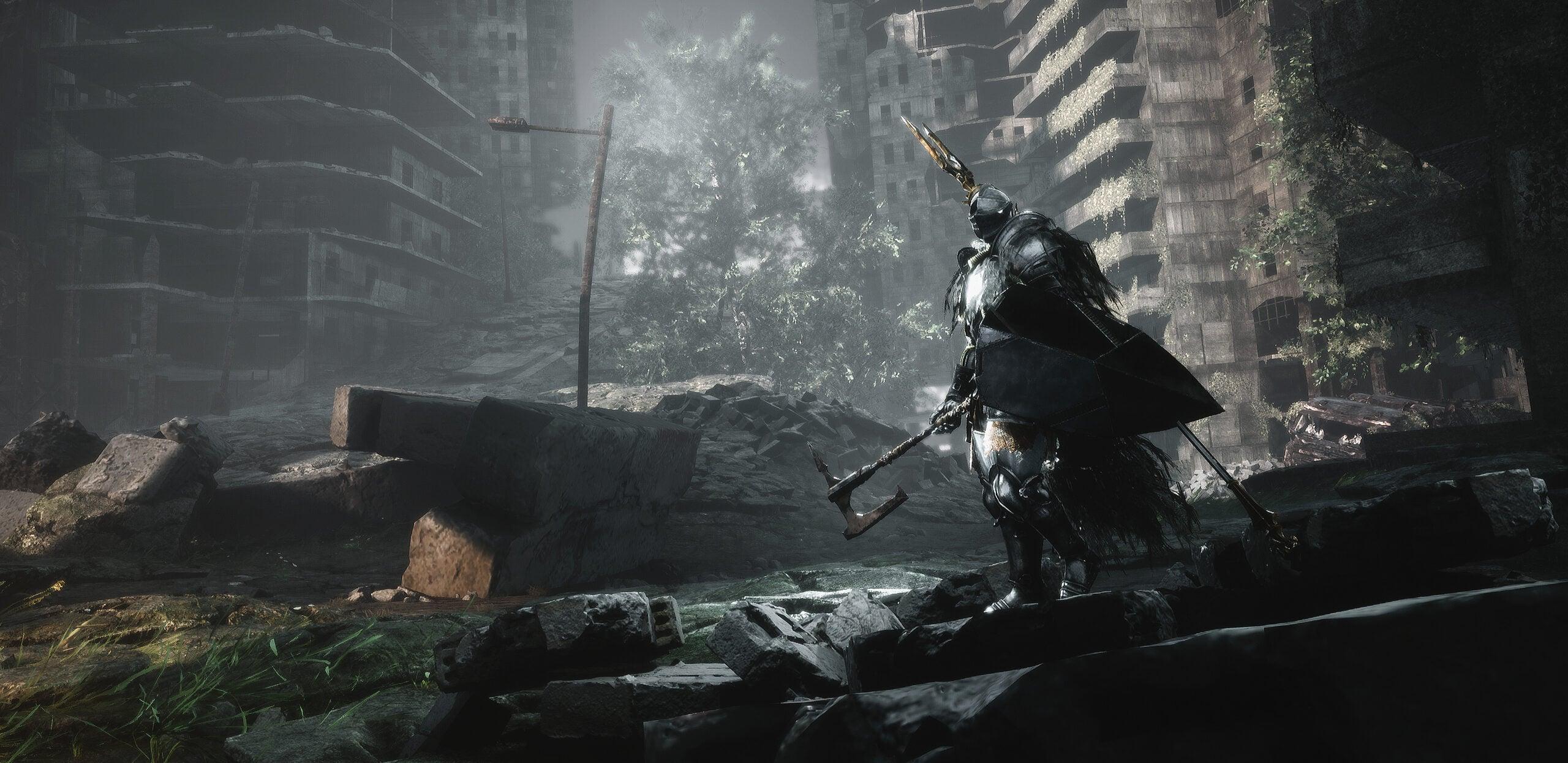 A knight stands in the ruins of a modern city within the Omnistructure via Bleak Faith: Forsaken (2023), Archangel Studios