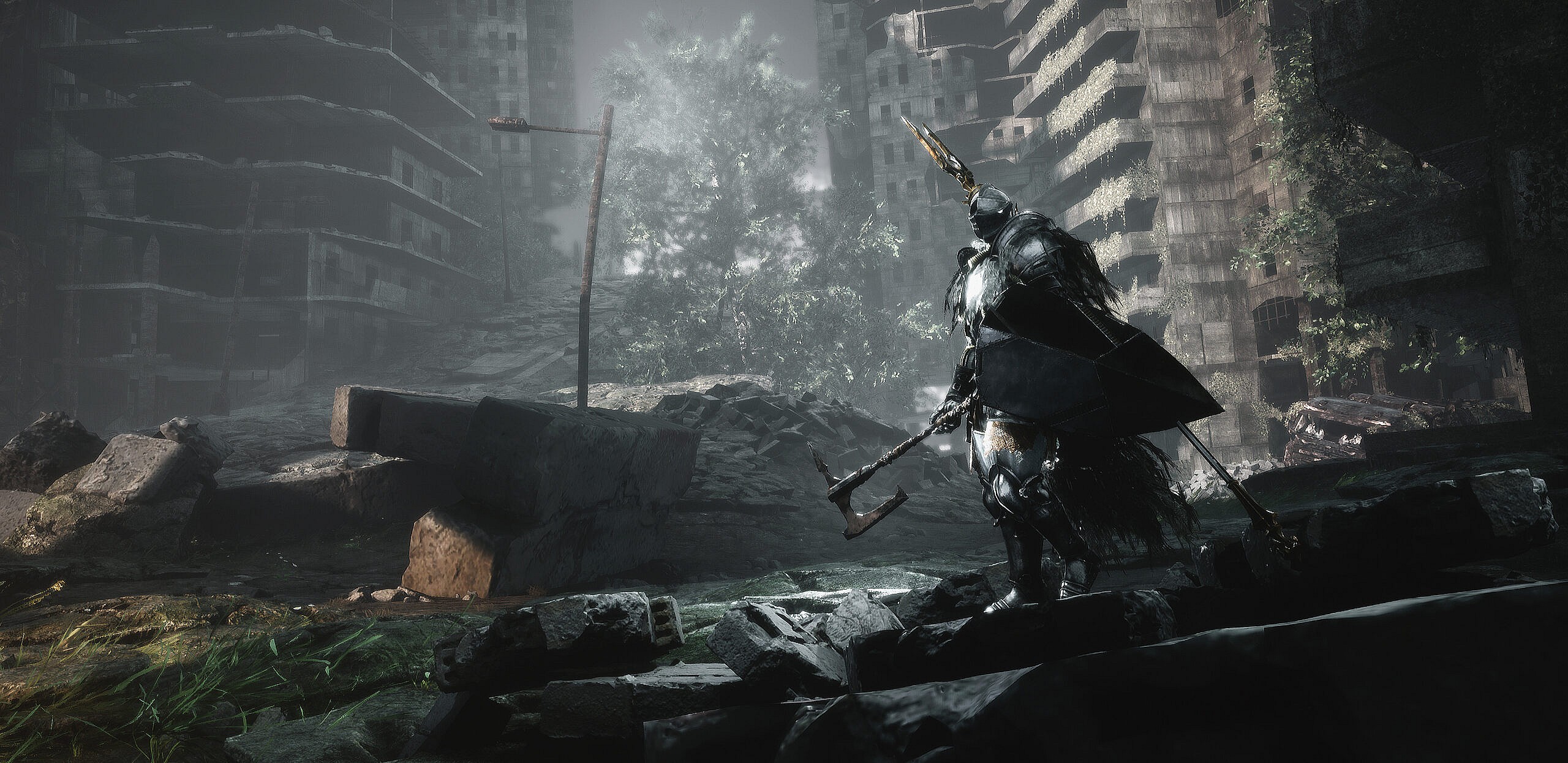 A knight stands in the ruins of a modern city within the Omnistructure via Bleak Faith: Forsaken (2023), Archangel Studios