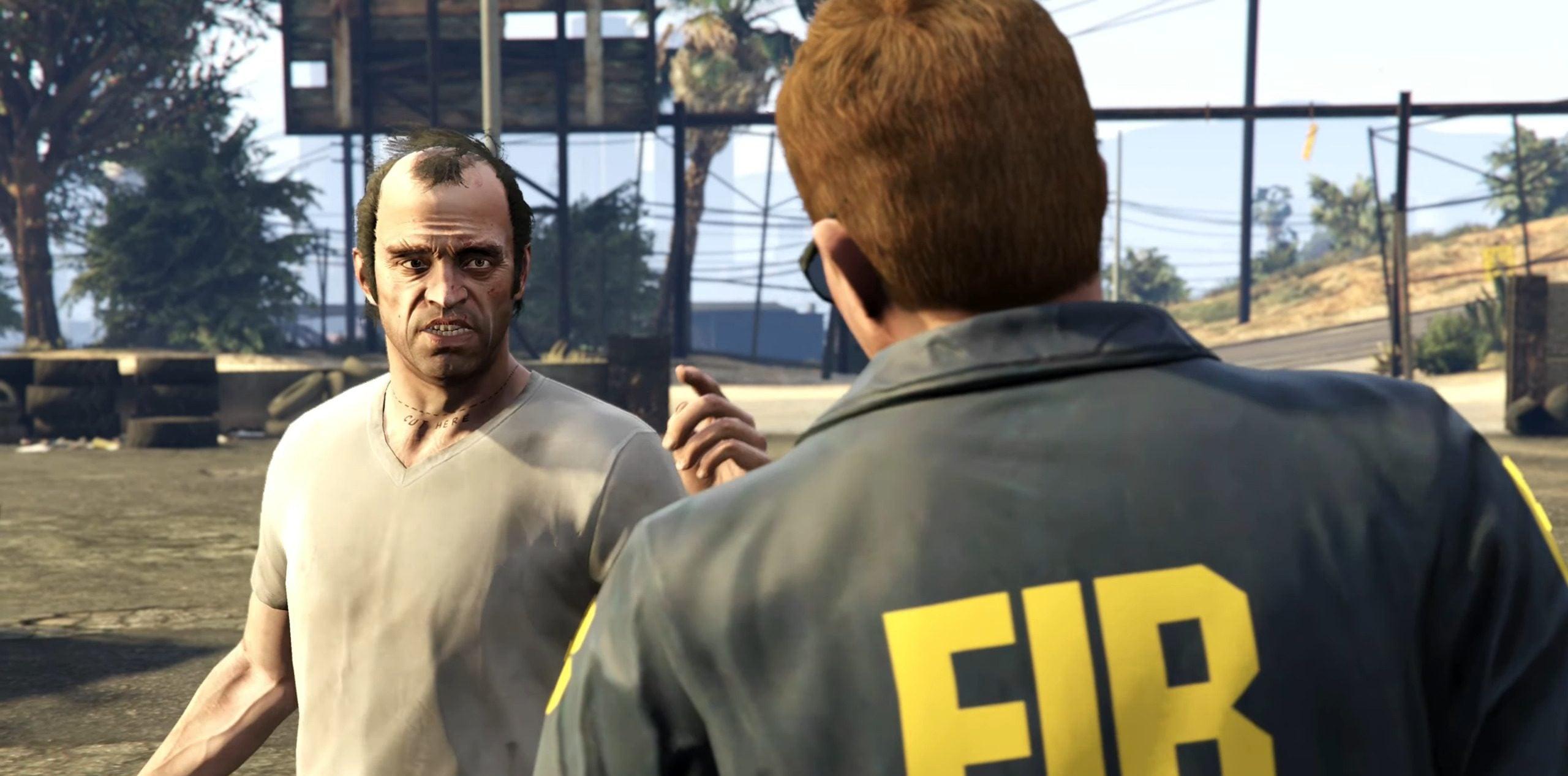 Trevor (Steven Ogg) has no time for the Federal Investigation Bureau in Grand Theft Auto V (2013), Rockstar Games