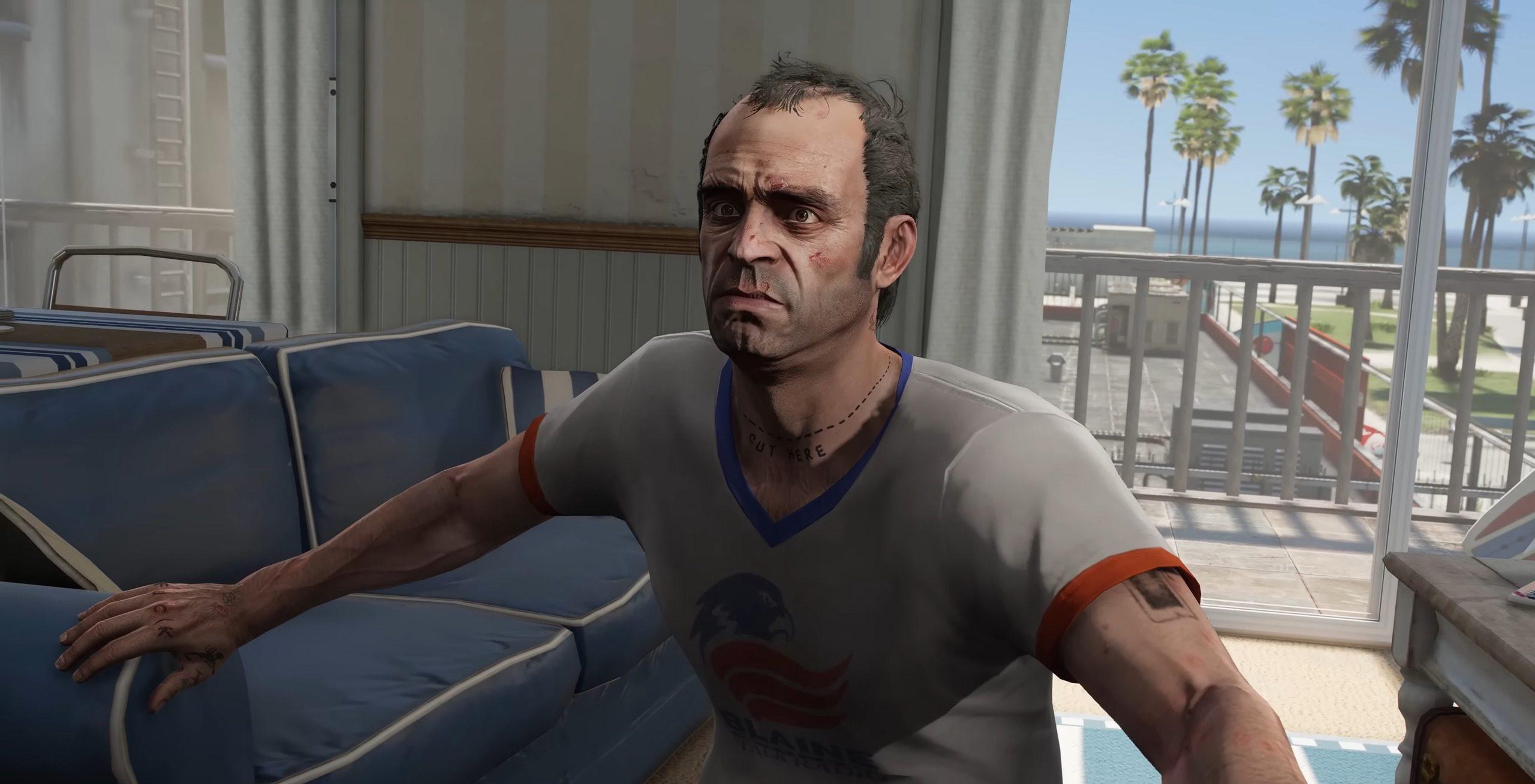 Trevor (Steven Ogg) finds himself caught in the middle of a domestic dispute in Grand Theft Auto V (2013), Rockstar Games