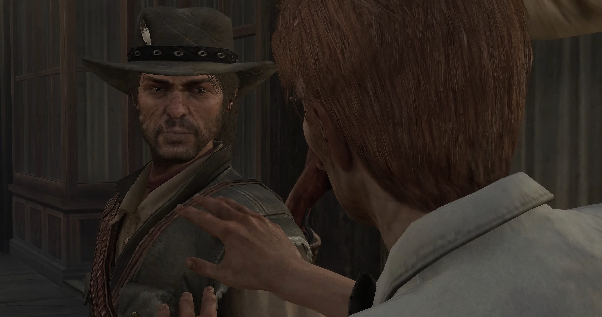Harold McDougal (Joe Ochman) asks John Marston (Rob Wiethoff) for help in Red Dead Redemption: Undead Nightmare (2010),