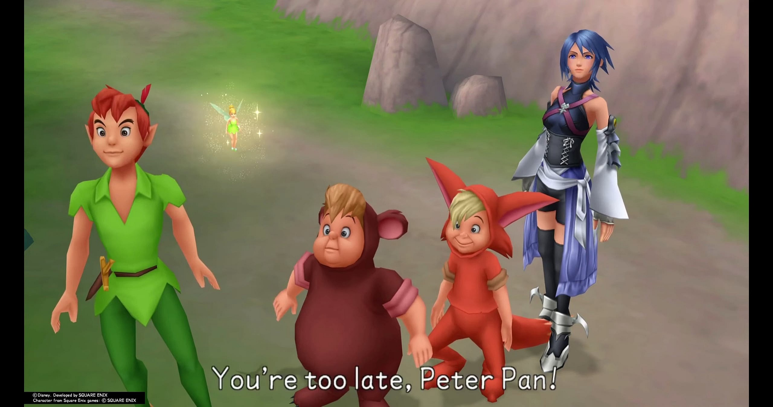 Peter Pan (Christopher Steele), Aqua (Willa Holland), and the Lost are ambushed by Captain Hook (Corey Burton) in Kingdom Hearts Birth by Sleep (2009), Square Enix