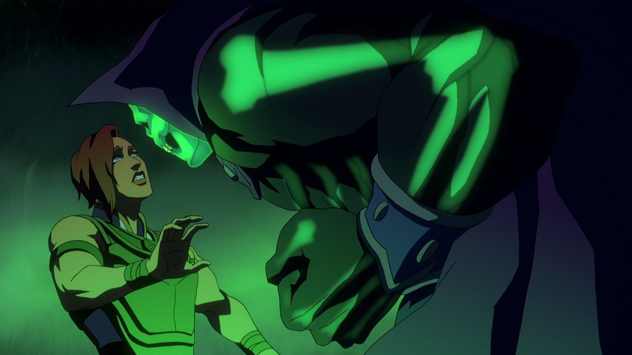 Scare Glow (Tony Todd) towers over Teela (Sarah Michelle Gellar) in Masters of the Universe: Revelation Season 1 Episode 4 "Land of the Dead" (2021), Netflix