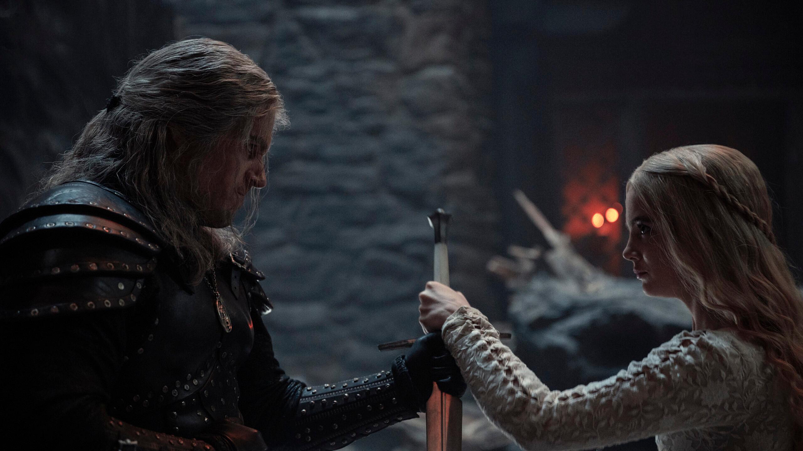 Geralt (Henry Cavill) meets possessed Ciri (Freya Allan) in battle in The Witcher Season 2 Episode