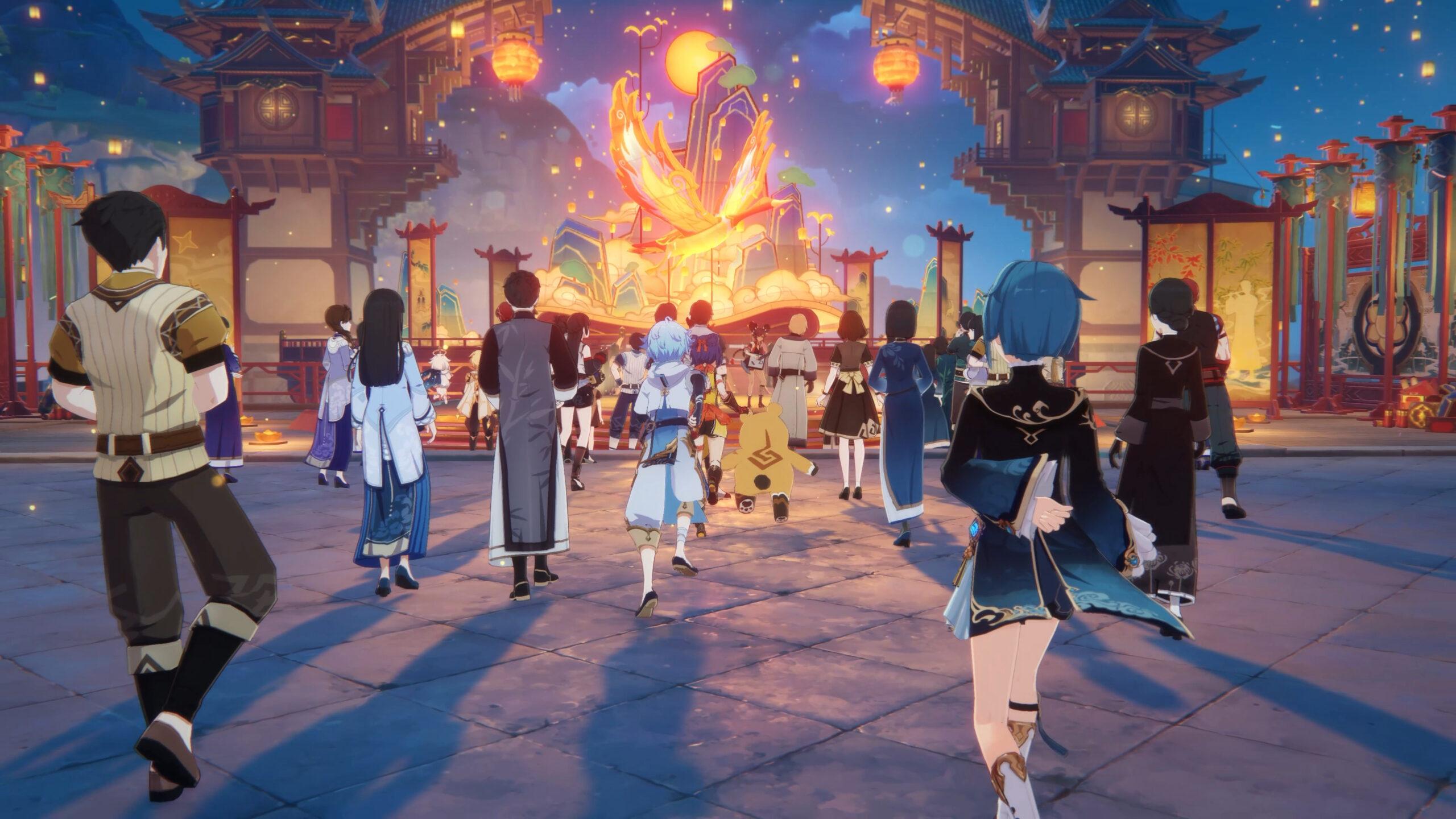 Numerous villagers attend the Lantern Rite festival, along with Xiangling, Xinyan, Xingqiu, and Chongyun via Genshin Impact (2020), miHoYo