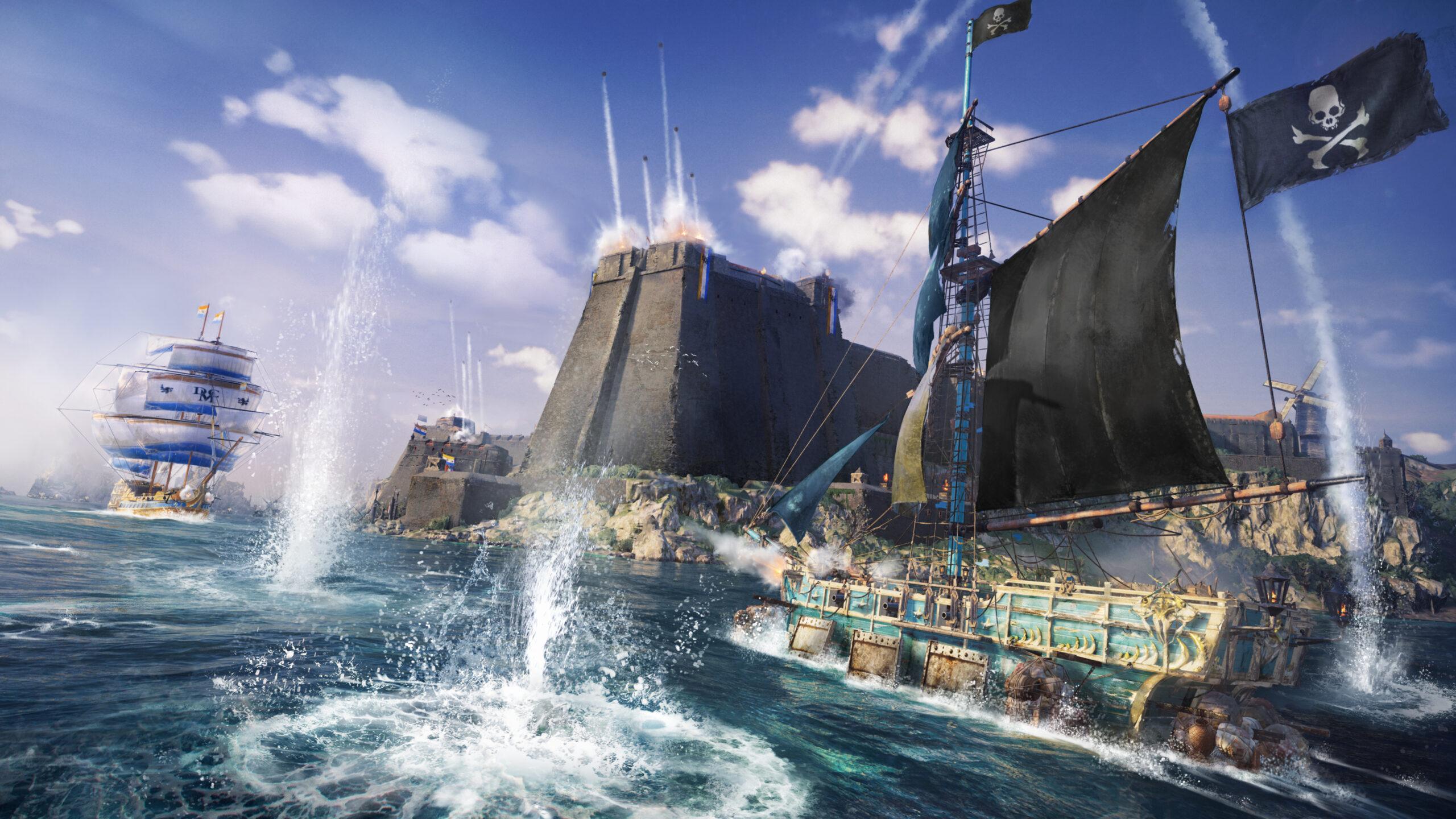 A fortress naval base bombards attacking pirates via Skull and Bones (2023), Ubisoft