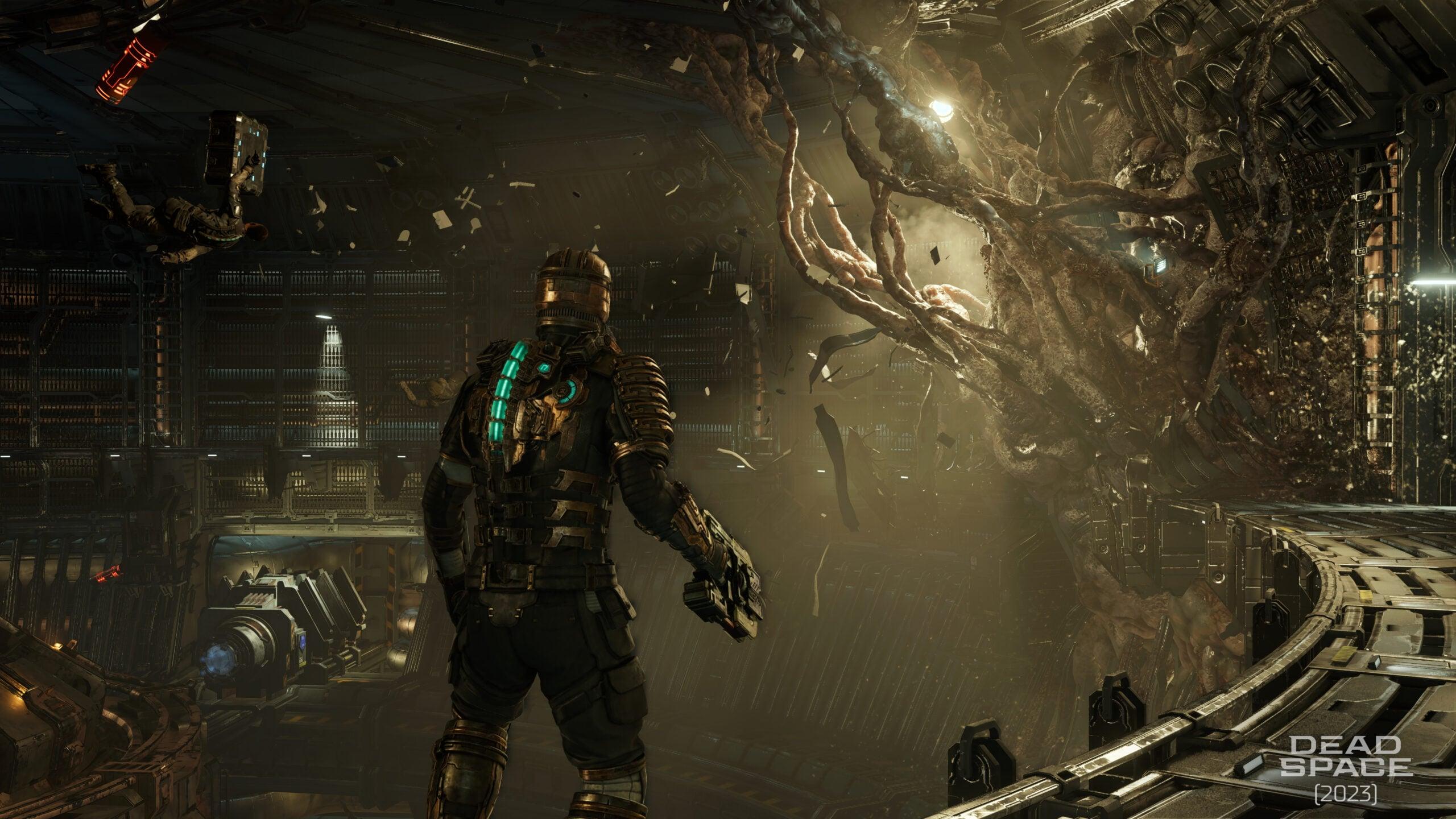Isaac Clarke looks out at the corruption eating through the USG Ishimura via Dead Space (2023), Electronic Arts