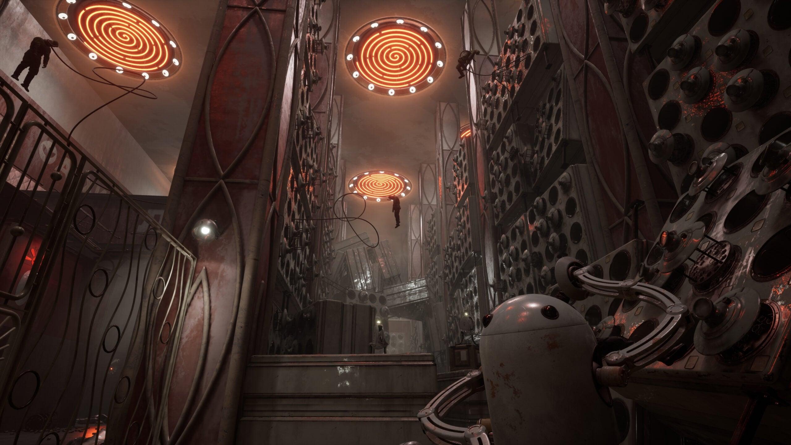 Hapless victims dangles from wires coming out of the walls via Atomic Heart (2023), Focus Entertainment