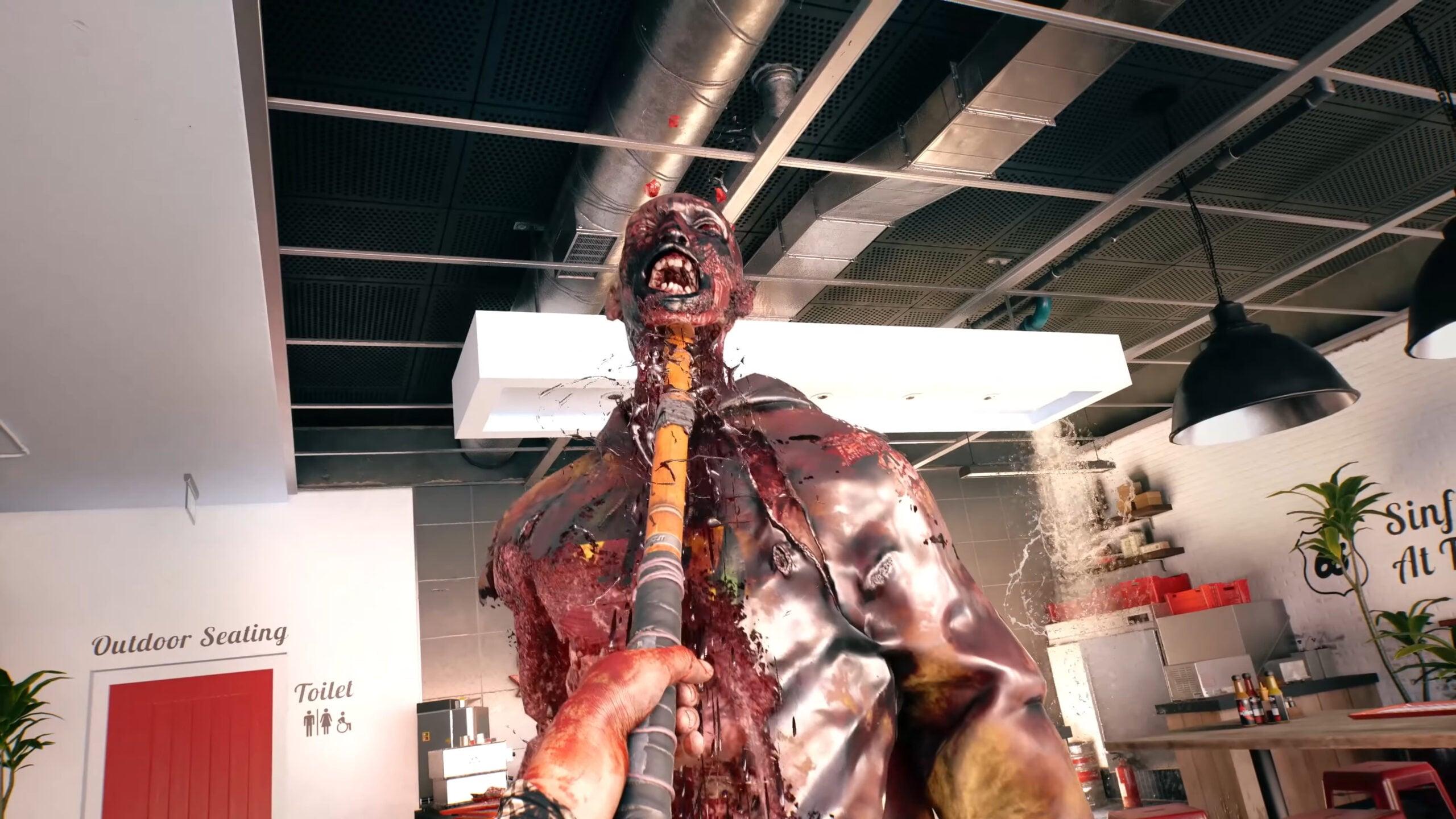 A zombie finds himself on the receiving end of a stabbing in Dead Island 2 (2023), Dambuster Studios
