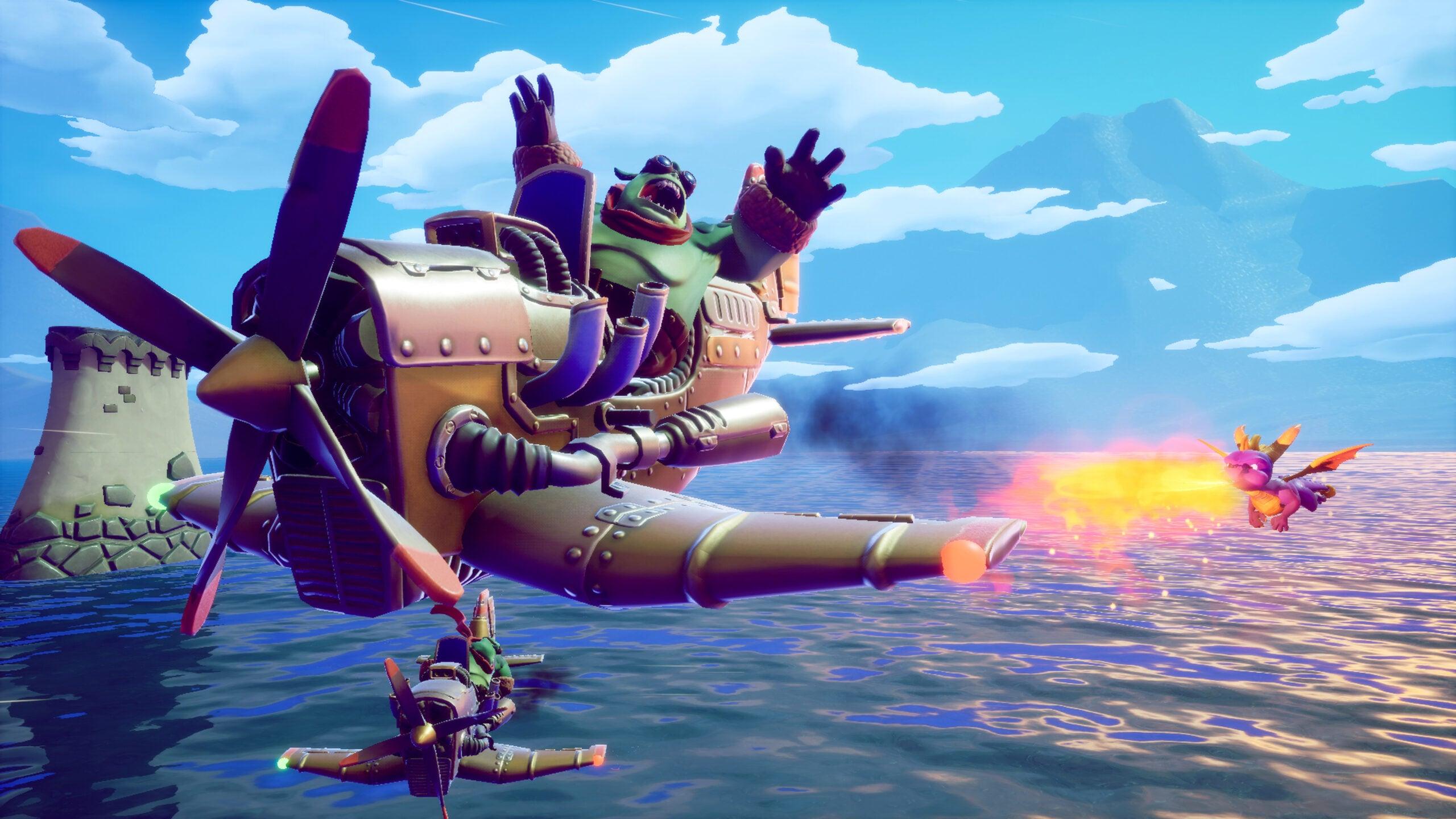 Spyro breaths fire at a flying Gnorc in Spyro Reignited Trilogy (2018), Activision