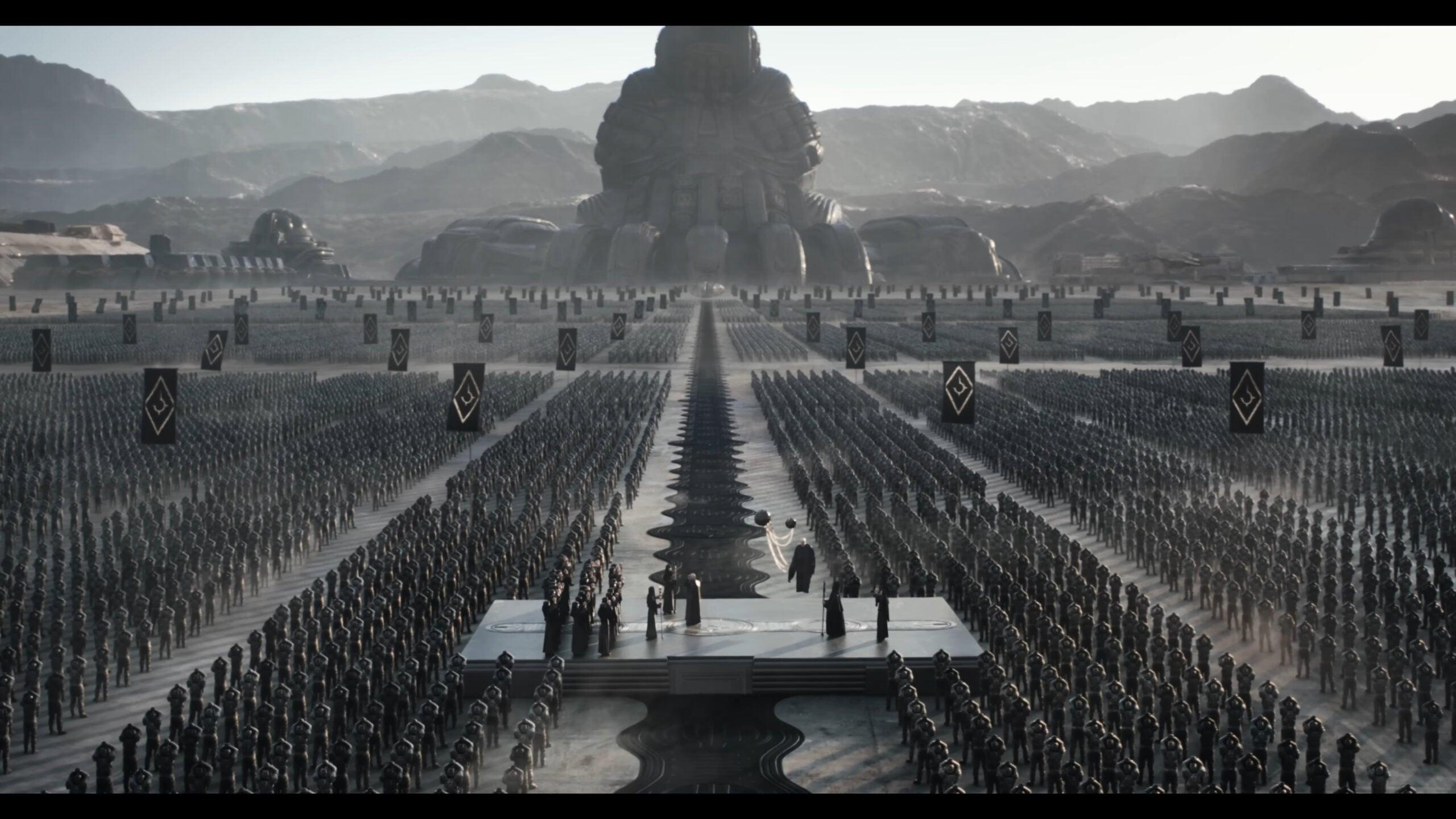 The Baron Harkonnen (Stellan Skarsgård) looks out across his vast armies in Dune: Part Two (2023), Warner Bros. Discovery