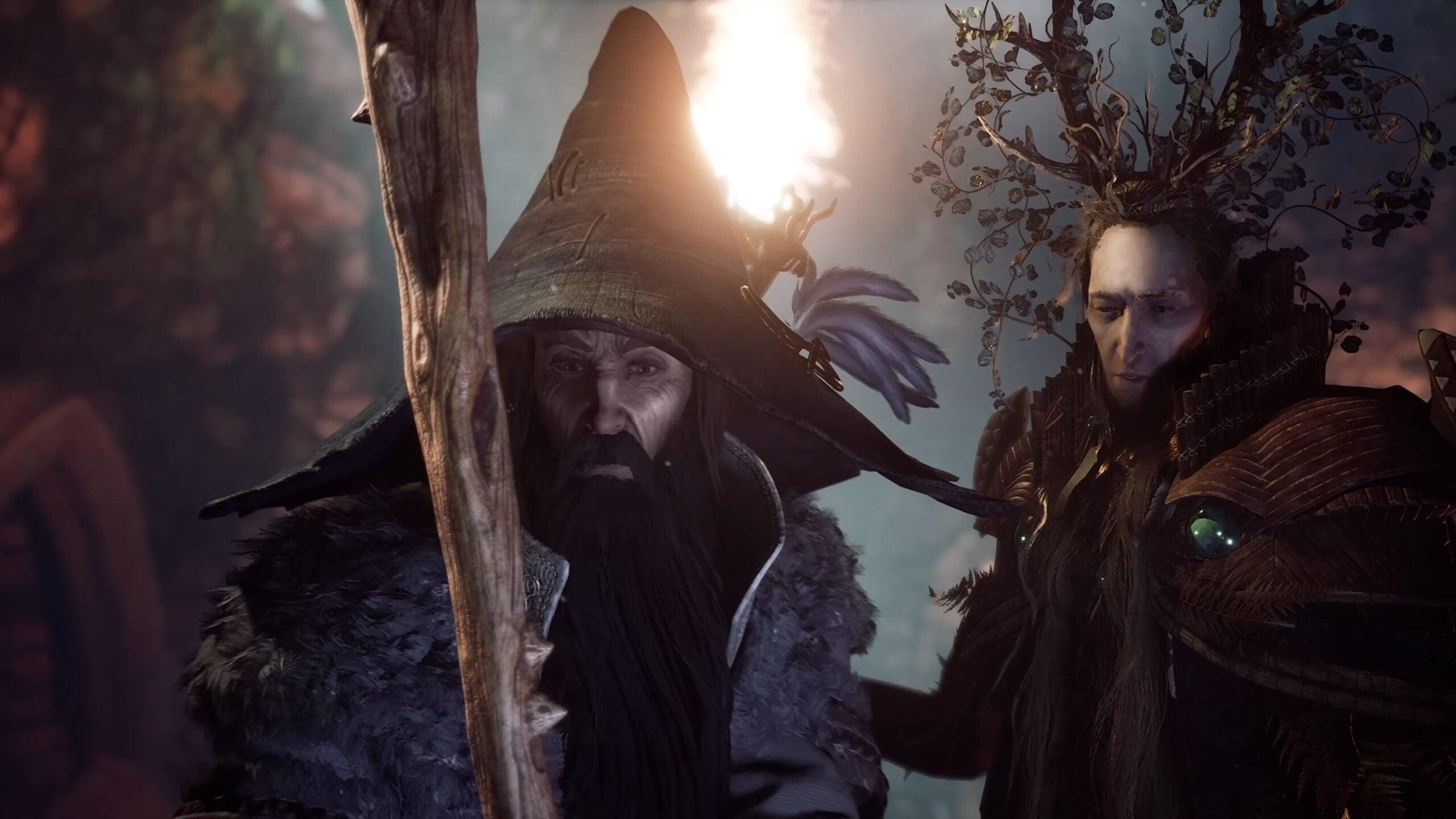 Gandalf (Andres Williams) and Thranduil (Tim Bentinck) discuss what to do with Gollum (Wayne Forester) in The Lord of the Rings: Gollum (2023), Daedalic