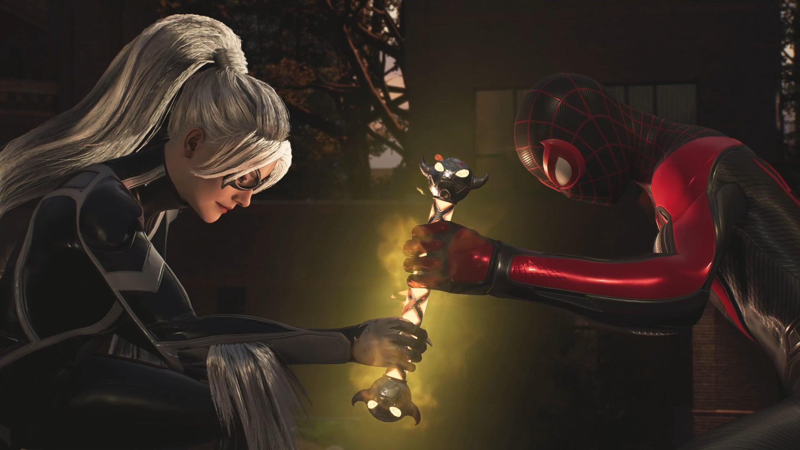 Black Cat (Eric Lindbeck) and Miles Morales (Nadji Jeter) share thoughts of Paris in Marvel's Spider-Man 2 (2023), Insomniac Games