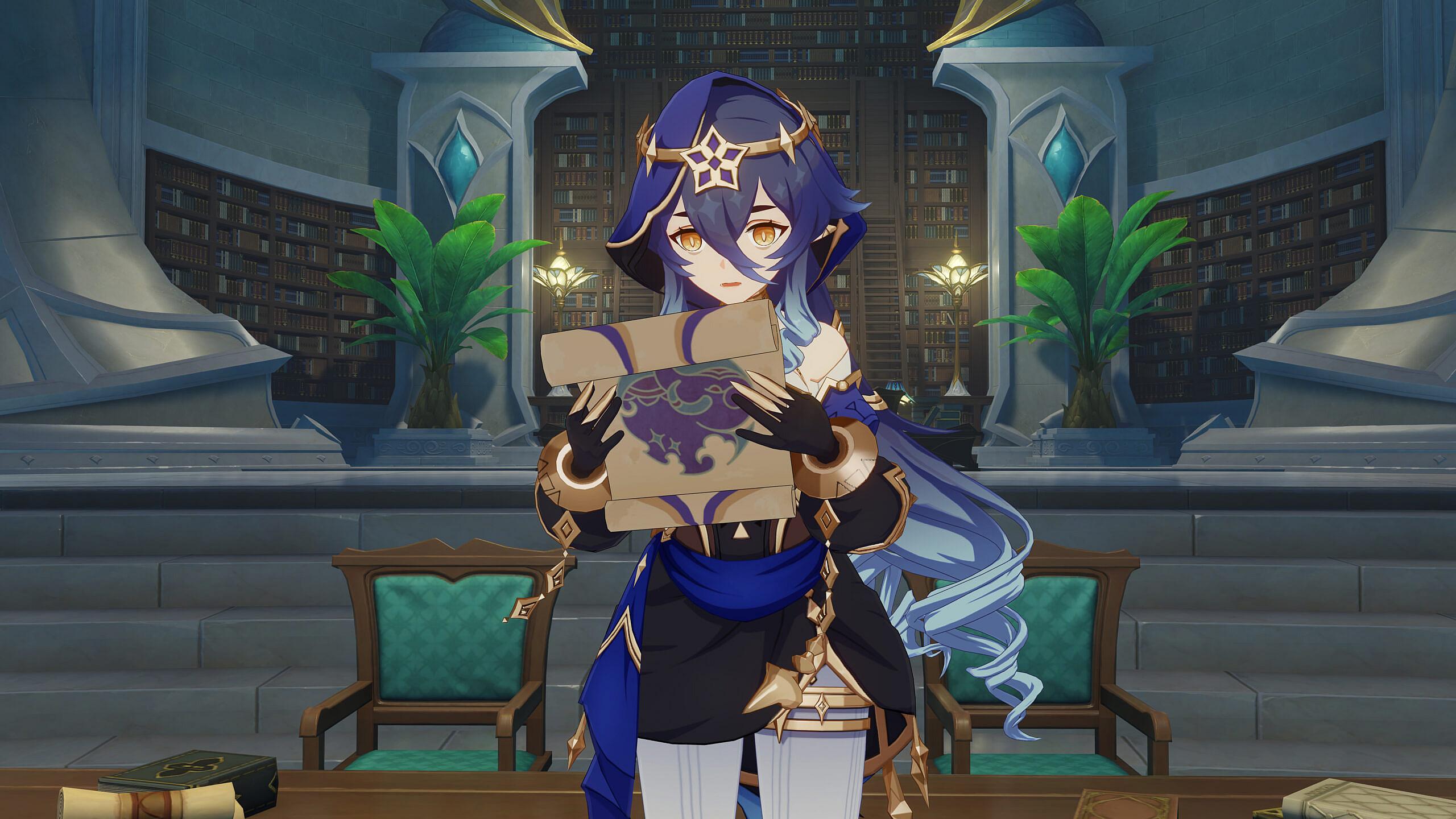 Layla reads over a fascinating scroll via Genshin Impact (2020), miHoYo