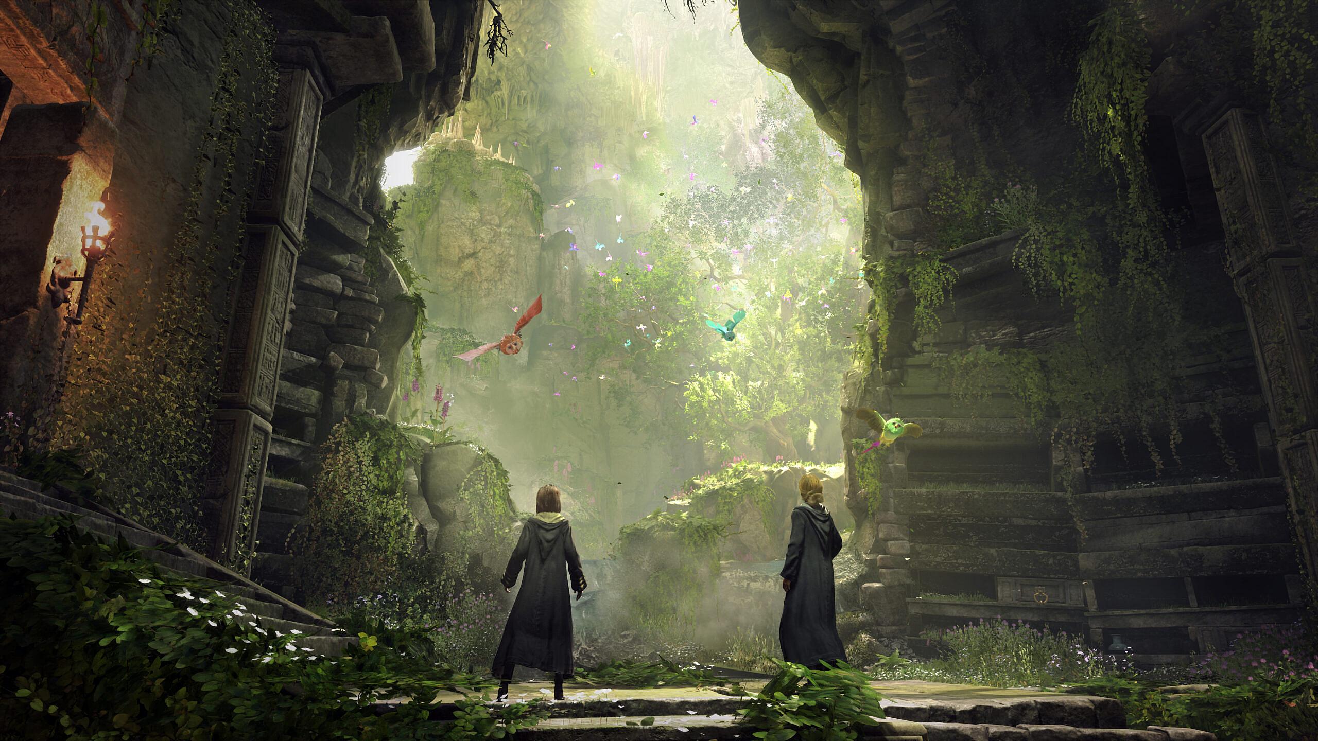 Two students overlook cliff amid ruins in Hogwarts Legacy (2022), Warner Bros. Interactive