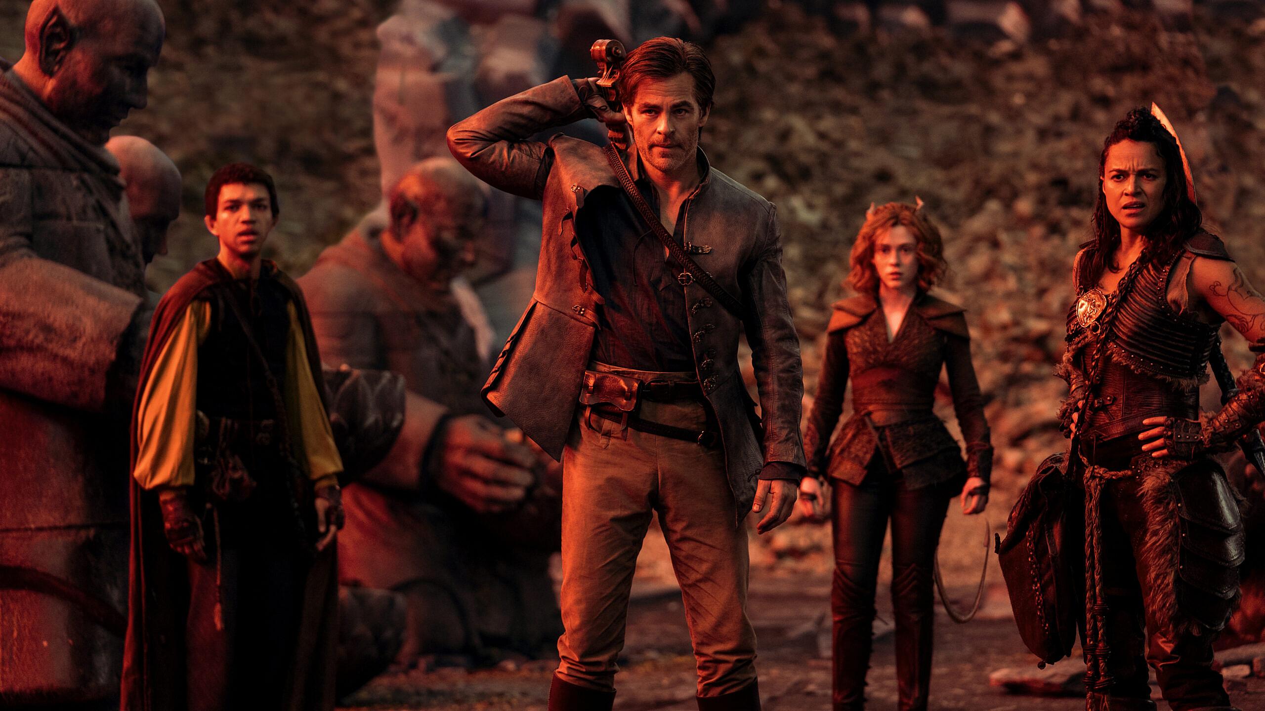 Justice Smith, Chris Pine, Sophia Lillis, and Michelle Rodriguez in Dungeons & Dragons: Honor Among